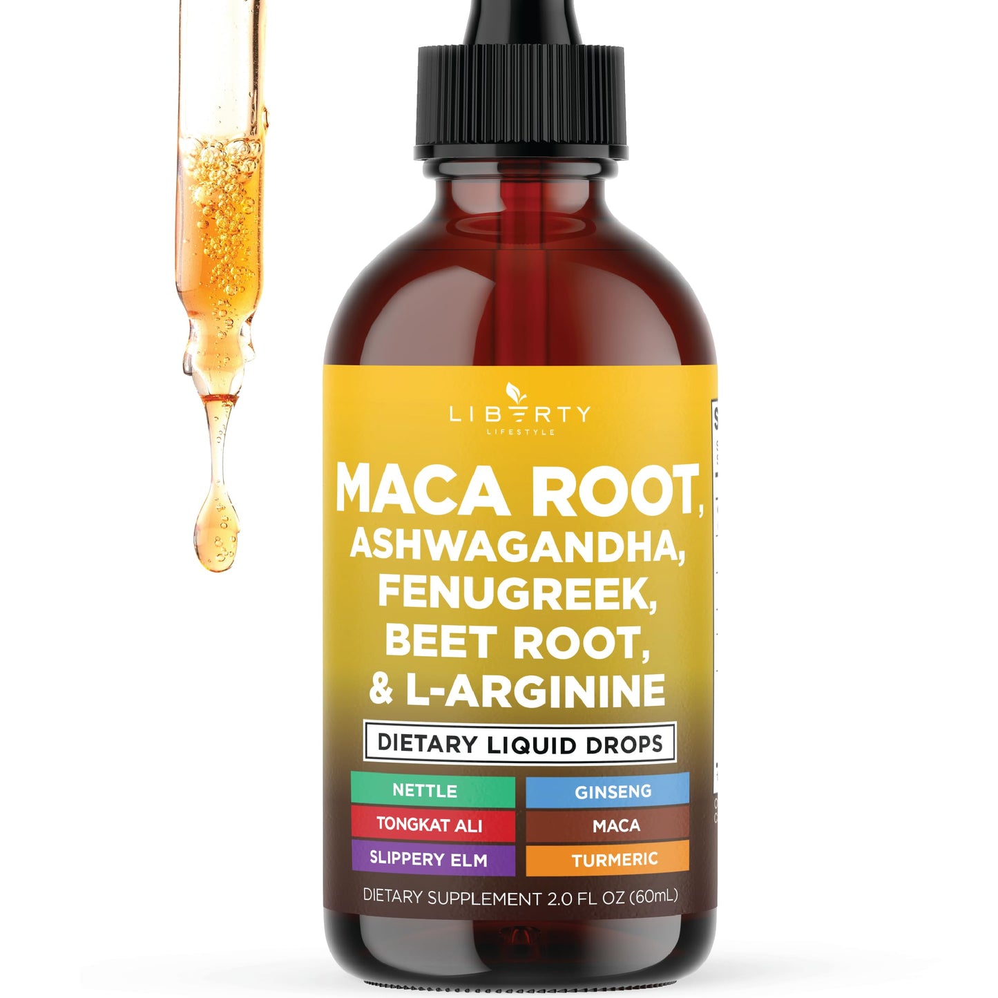 Liberty Lifestyle Organic Maca Root Liquid Drops with Ashwagandha, Nettle, Fenugreek, Beet Root and L-Arginine Liquid Multivitamin for Women and Men - 2oz - Medaid International