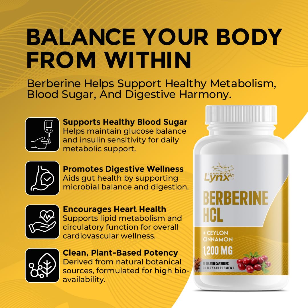 Leaping Lynx Berberine HCl 1200 mg – Premium Herbal Supplement for Metabolic, Digestive & Heart Health Support | High-Absorption Berberine Capsules – Vegan, Non-GMO - Medaid International