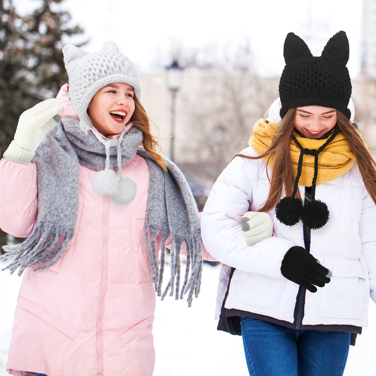 4 Pieces Winter Cat Ear Beanie Knit Hat & Touchscreen Gloves Set for Women - KASTWAVE 2 Cat Ears Hats (White & Black) + 2 Pairs Warm Knit Gloves for Cold Weather, Outdoor & Daily Use