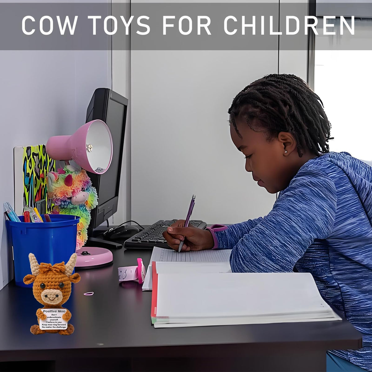 KASTWAVE Mini Positive Crochet Cow, Handmade Highland Cow Toy with Encouragement Card, Cute Crochet Animal Gift for Friends, Birthday, Good Luck & Desk Decoration