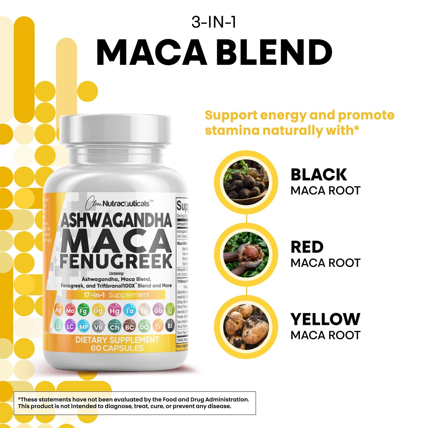 Clean Nutraceuticals Ashwagandha Maca Root Fenugreek Supplement with Tongkat Ali Ginseng - Assists with Stress, Mood & Thyroid - Ashwagandha Capsules Fenugreek Caps - 1 Pack - Medaid International