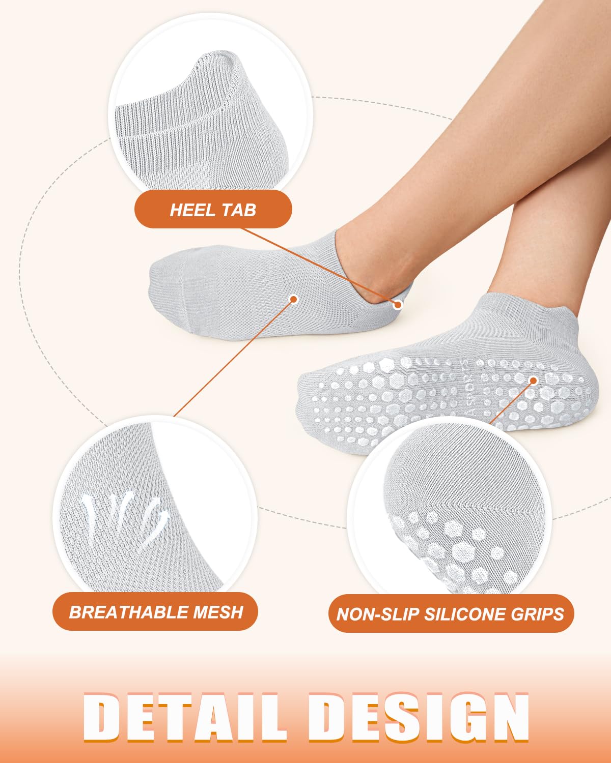 Non Slip Pilates Socks, 4 Pairs, Cotton Blend, Sizes 35-42