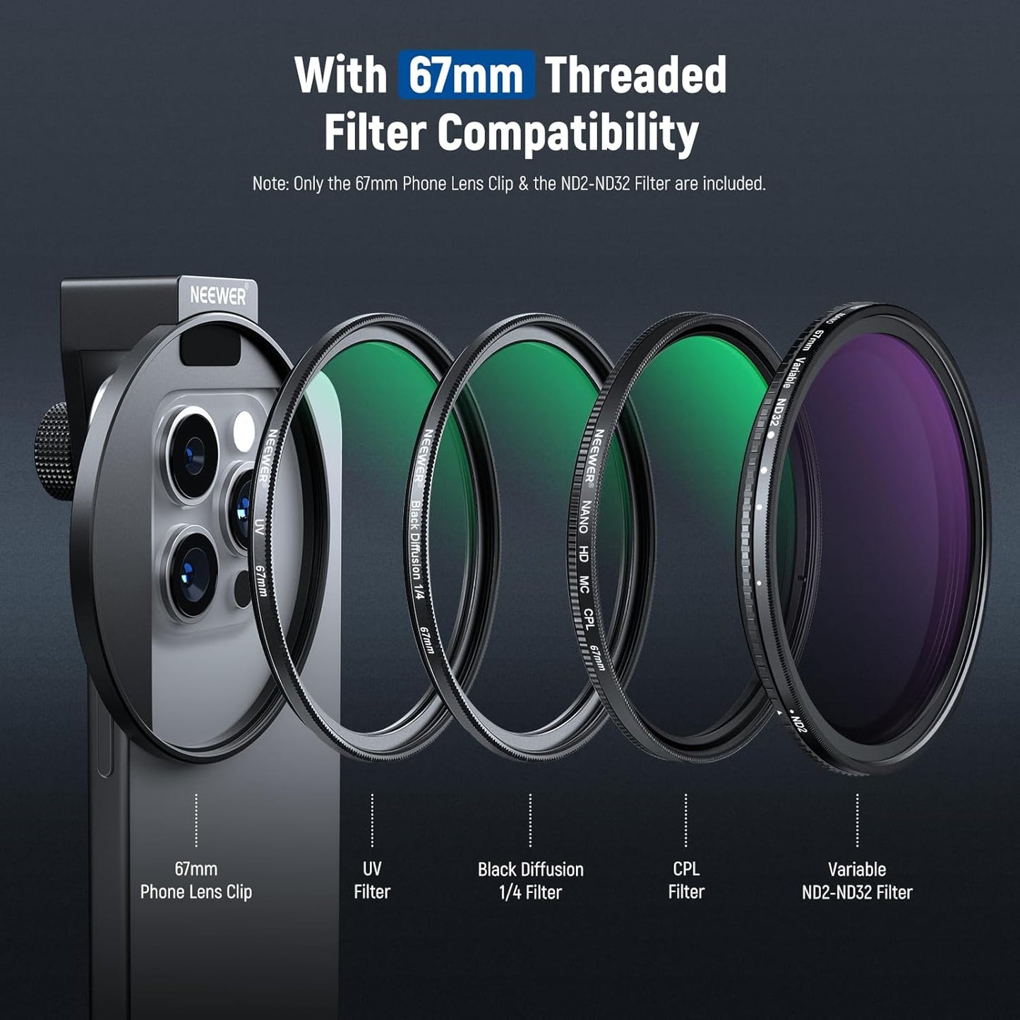 NEEWER 67mm Clip On VPhone Lens Filter Kit with ring