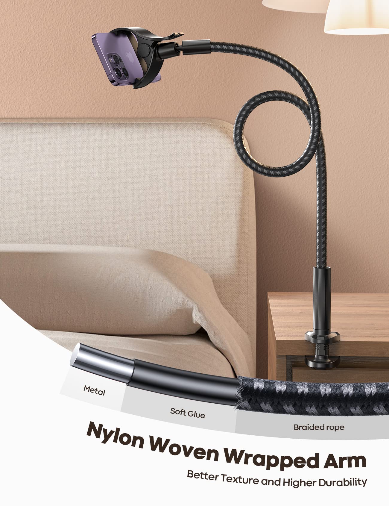 Lamicall Gooseneck Phone Holder Bed - [Nylon Braided] Flexible Arm, 38inch Overall Length, 360 Adjustable Clamp Clip, Overhead Cell Phone Mount Stand for Bed, Desk, 4-7” Cellphone - Medaid International