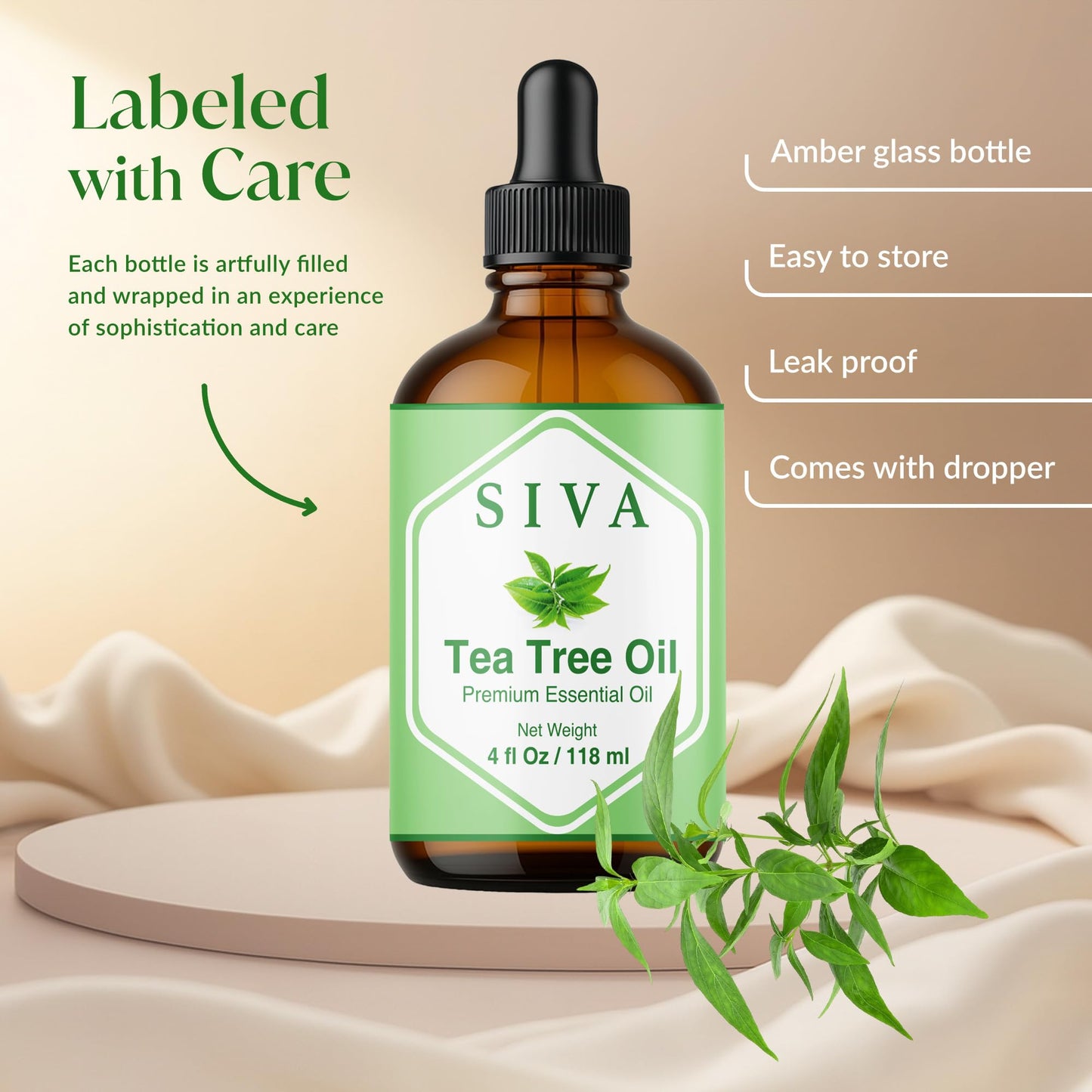 Siva Tea Tree Essential Oil - 4 Fl Oz – 100% Natural Tea Tree Oil - for Diffuser, Face, Skin Care, Aromatherapy, Hair Care, Scalp and Body Massage - with Dropper - Medaid International