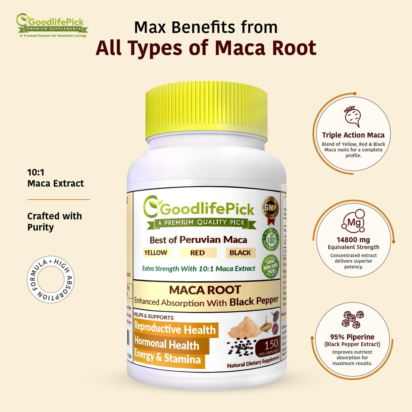 Peruvian Maca Root Capsules 150 ct. Powerful Maca Blend of Yellow Red & Black Maca Root with Black Pepper. All Natural NonGMO Vegan No Stearate No Rice Powder No Silica No Filler - Medaid International