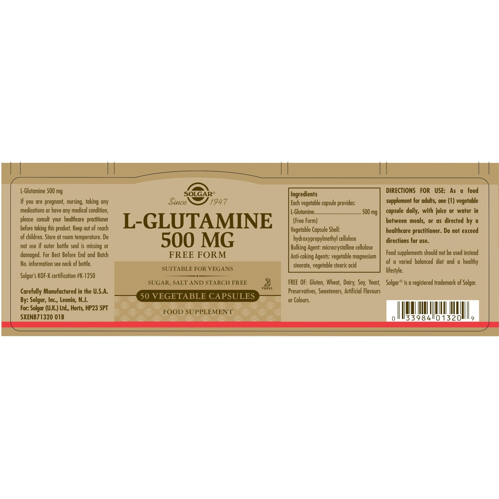 Solgar L-Glutamine 500 mg, 50 Vegetable Capsules - Natural Muscle Food - Promotes Gastrointestinal (GI) Health - Supports Brain Health - Non-GMO, Vegan, Gluten Free, Dairy Free, Kosher - 16 Servings - Medaid International