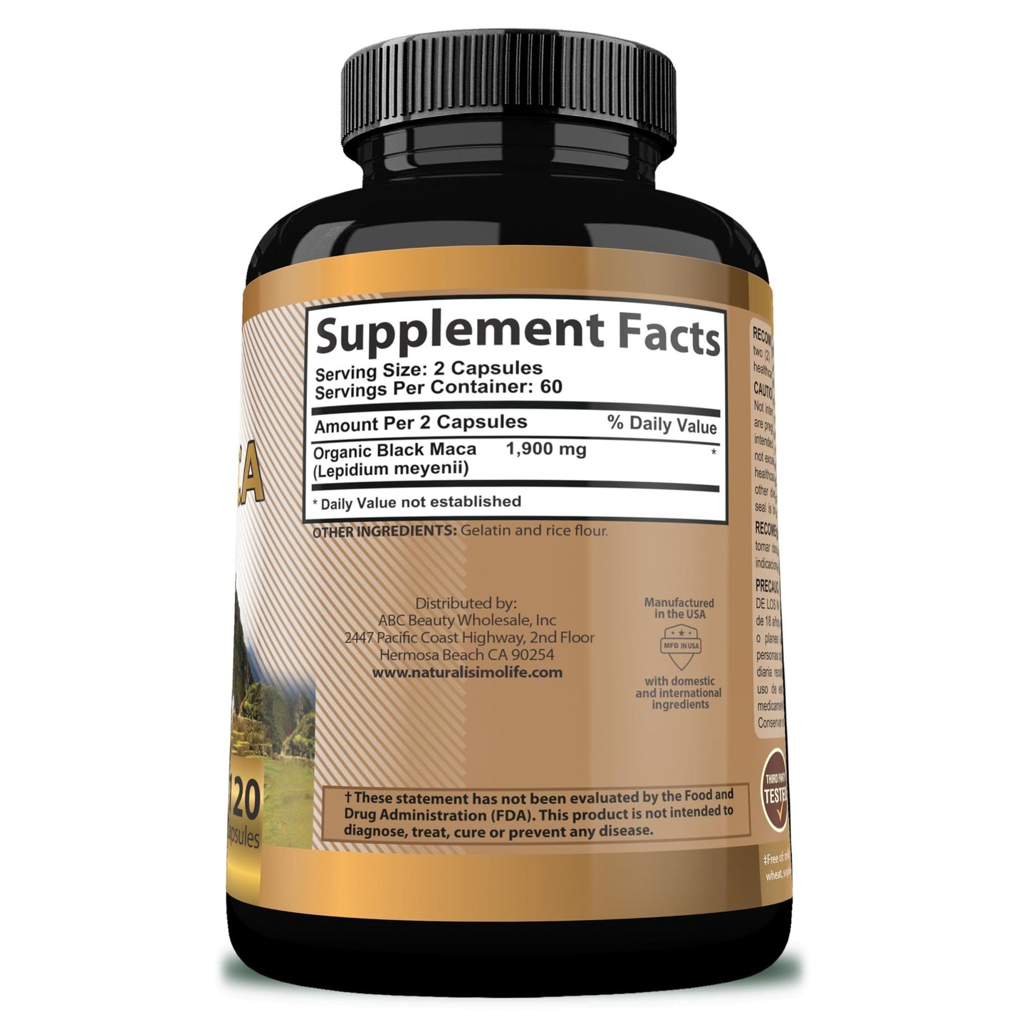 Organic Black Maca 1,900 mg per Serving Natural Energy Booster Peruvian Maca for Men & Women 120 Capsules - Medaid International