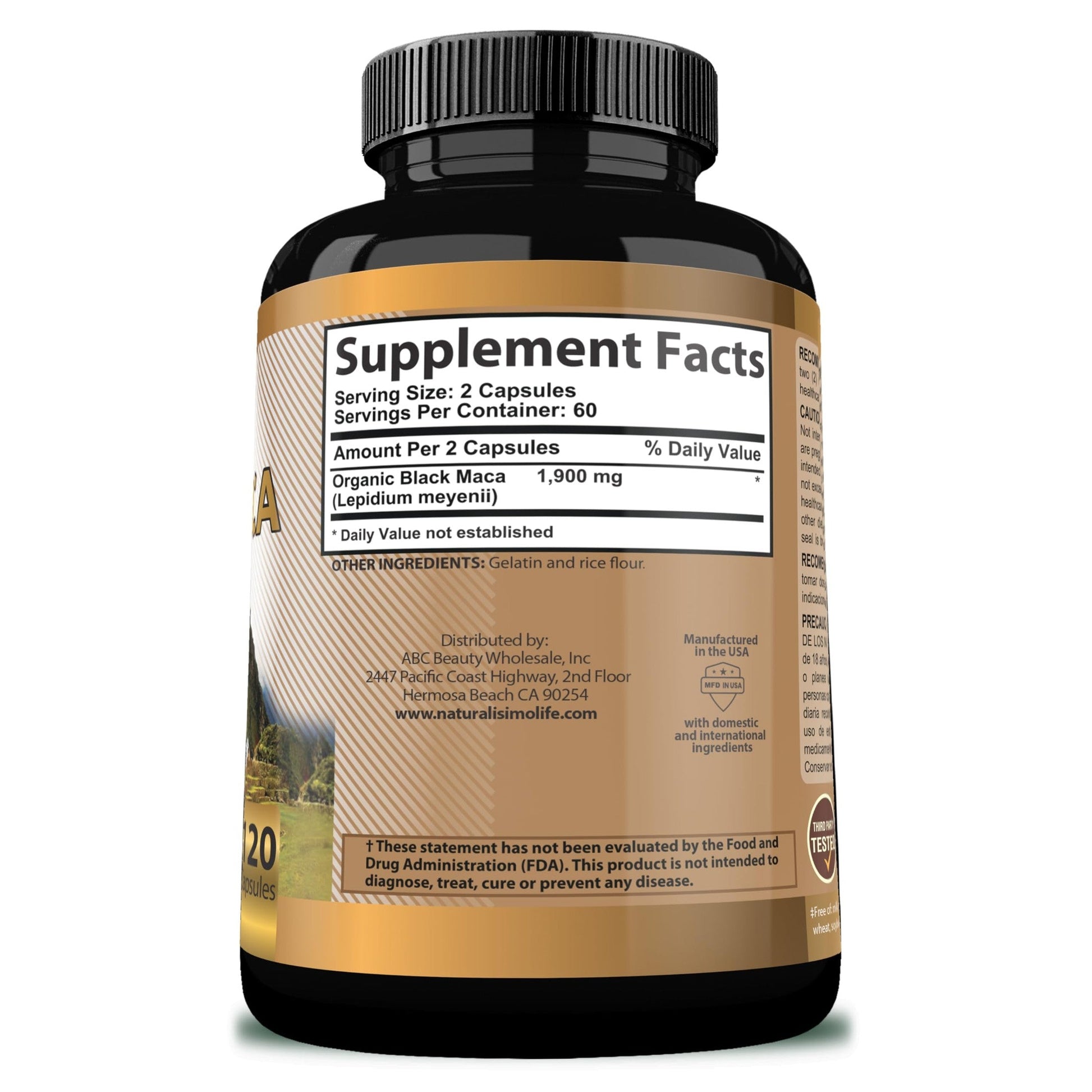 Organic Black Maca 1,900 mg per Serving Natural Energy Booster Peruvian Maca for Men & Women 120 Capsules - Medaid International