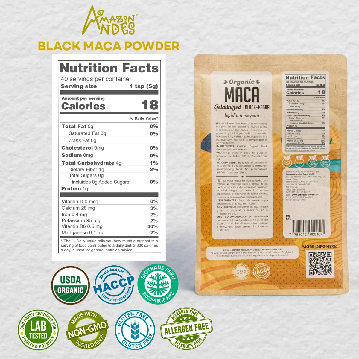 Amazon Andes Black Maca Root Powder (Lepidium meyenii) - contains Carbohydrates & Minerals - Adaptogen superfood & Health Promoter - Gelatinized, Vegan, Non-GMO & Allegen-free - 7 Ounce (40 Servings) - Medaid International