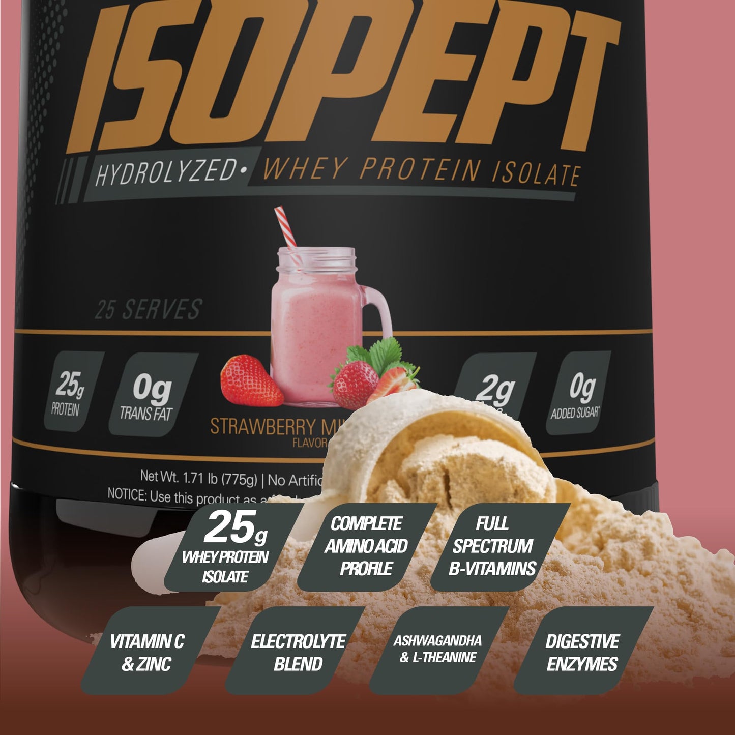 IsoPept Hydrolyzed Whey Protein Powder by EHPlabs - 100% Whey Protein Isolate & Hydrolysate, 27g of Protein, Non-GMO, Gluten Free, Fast Absorbing, Easy Digesting, 27 Serves (Strawberry Milkshake) - Medaid International
