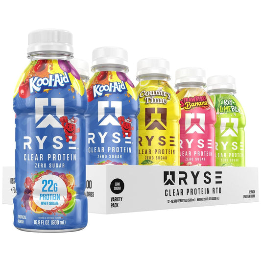 RYSE Clear Protein Drink - Variety Pack - 100 Calories, 22g Whey Isolate Protein Shake, Sugar-Free, 0g Fat & Lactose-Free - Refreshing Ready-to-Drink Beverage - 16.9 fl oz Bottles (12-Pack) - Medaid International