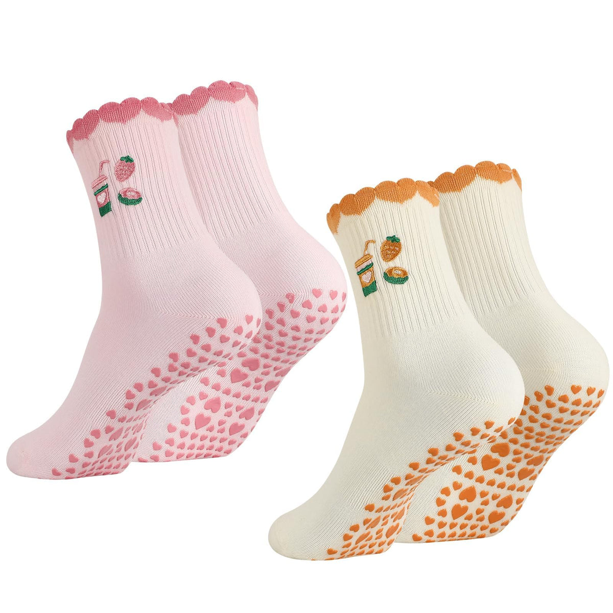 2 Pairs Non Slip Yoga Pilates Grip Socks for Women, Cute Ruffle Anti Slip Cotton Socks, Embroidered Design for Home Gym Barre Dance Ballet Hospital