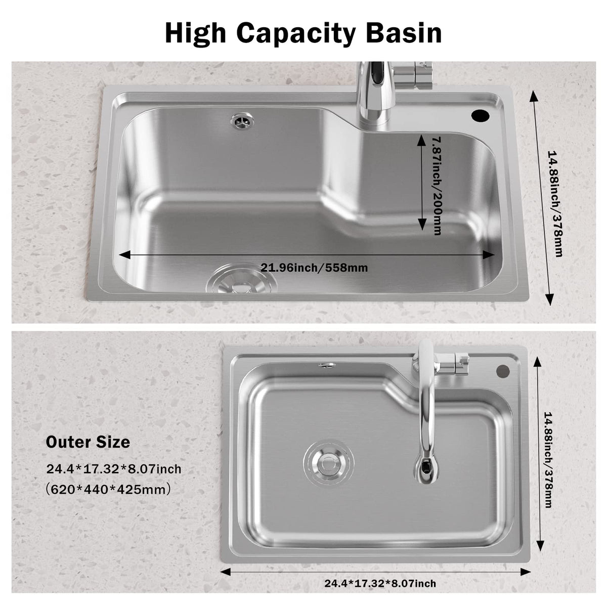 JOMOO Kitchen Sink, 22 * 14.8inches Single Bowl Kitchen Sink with SUS 304 Stainless Steel, Topmount Drop In Workstation Sink and Accessories (580 * 400 * 200mm)
