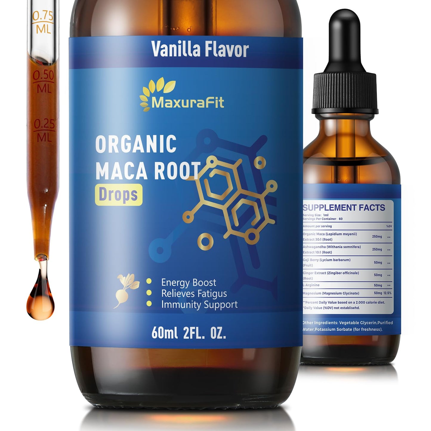 Maca Root Ashwagandha Liquid Drops - Maca and Ashwagandha Supplements with Goji Berry,Ginger Extract,L-Arginine and Magnesium Enhanced Energy 2 fl oz - Medaid International