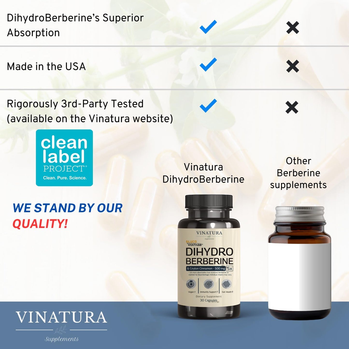 VINATURA Dihydroberberine Supplement with Ceylon Cinnamon, 500mg - (Patented GlucoVantage Super Berberine), Maybe Berberine 5X More absorbable - 30 Capsules - Medaid International