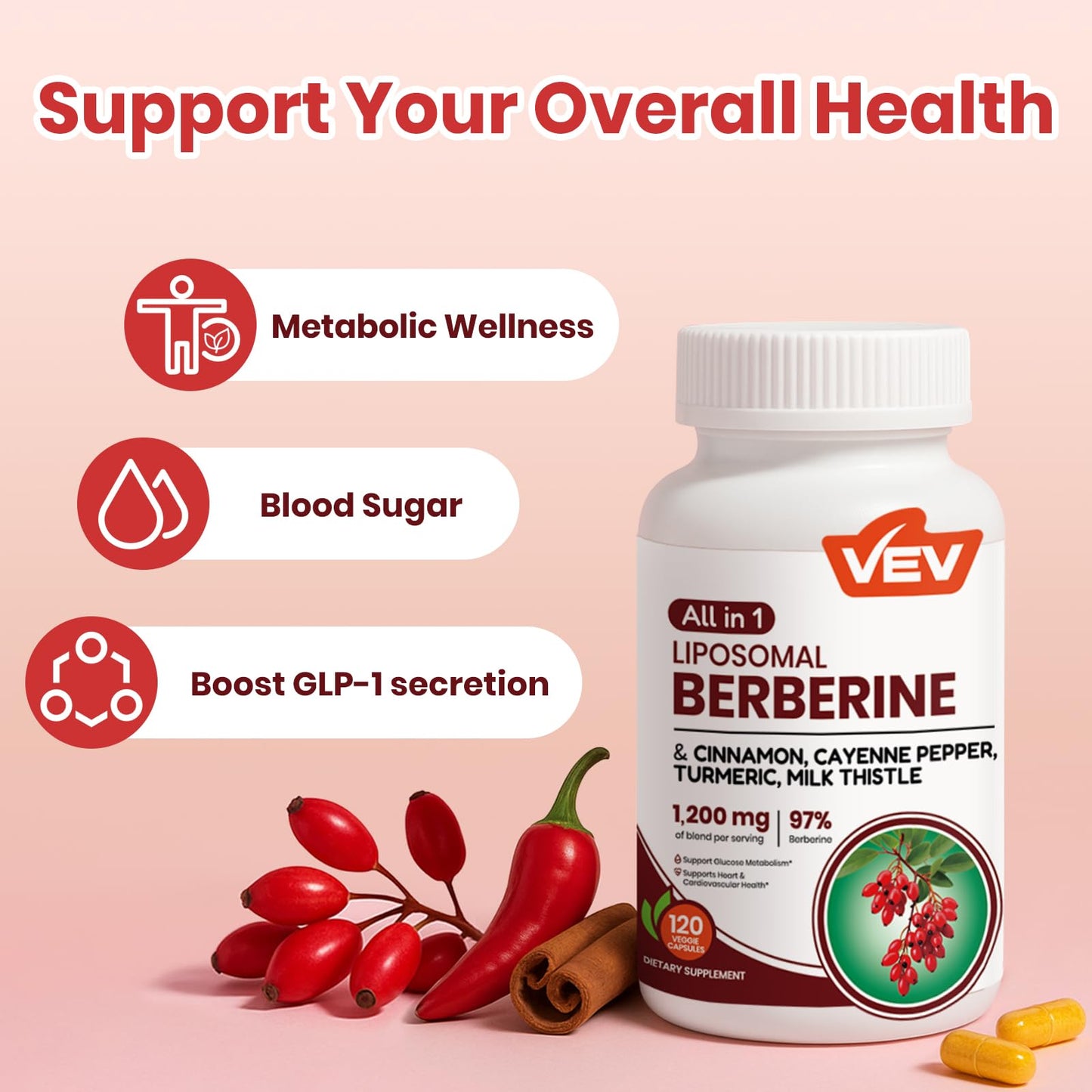 VEV Berberine Supplement with Ceylon Cinnamon, Cayenne Pepper, Turmeric, Milk Thistle, Vegan & Non-GMO – 120 Capsules - Medaid International