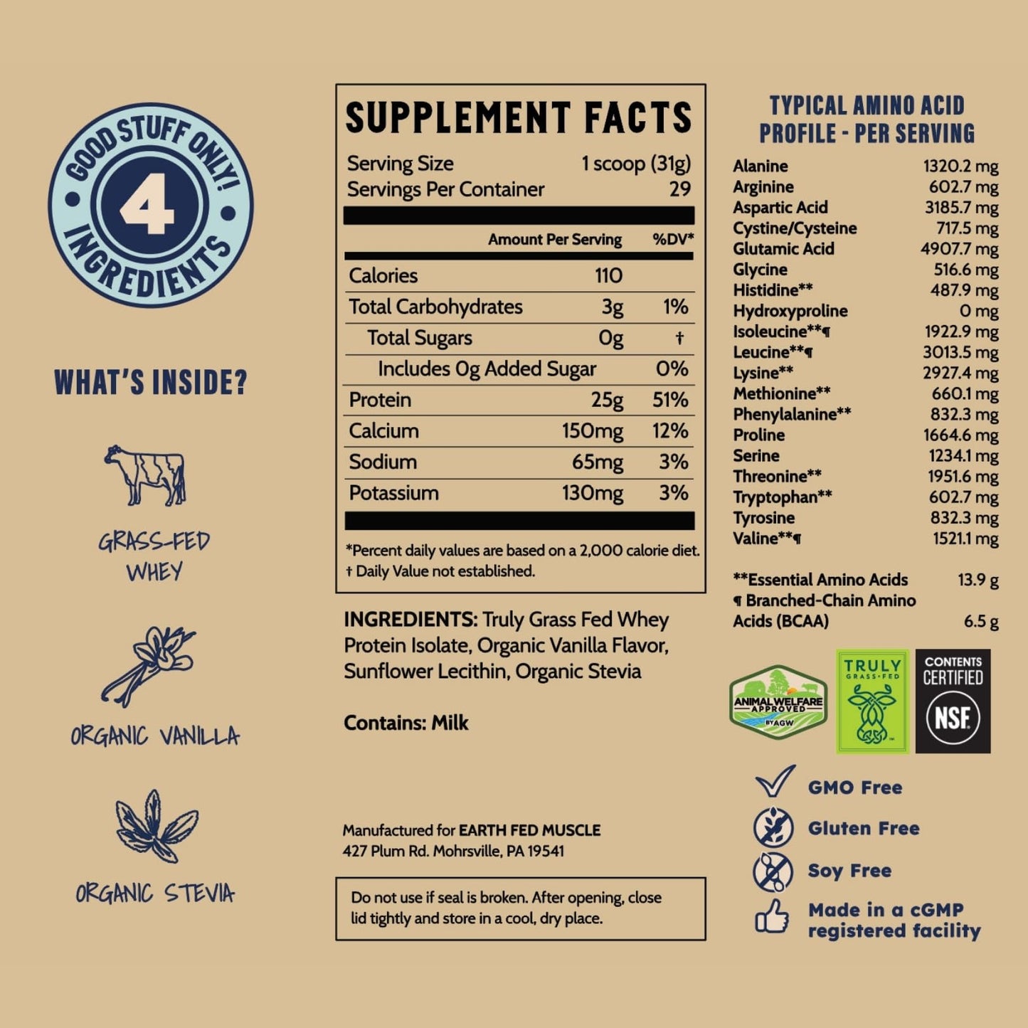 Earth Fed Muscle Whey Back Irish Grass Fed Whey Protein Isolate - NSF-Certified. No Artificial Ingredients, Soy Free, Gluten Free, Non-GMO and Hormone Free (2 Pound, 29 Servings, Vanilla) - Medaid International