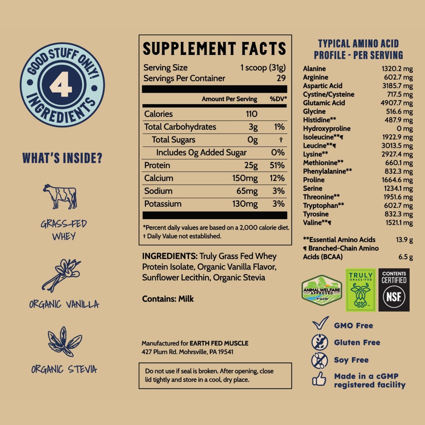 Earth Fed Muscle Whey Back Irish Grass Fed Whey Protein Isolate - NSF-Certified. No Artificial Ingredients, Soy Free, Gluten Free, Non-GMO and Hormone Free (2 Pound, 29 Servings, Vanilla) - Medaid International