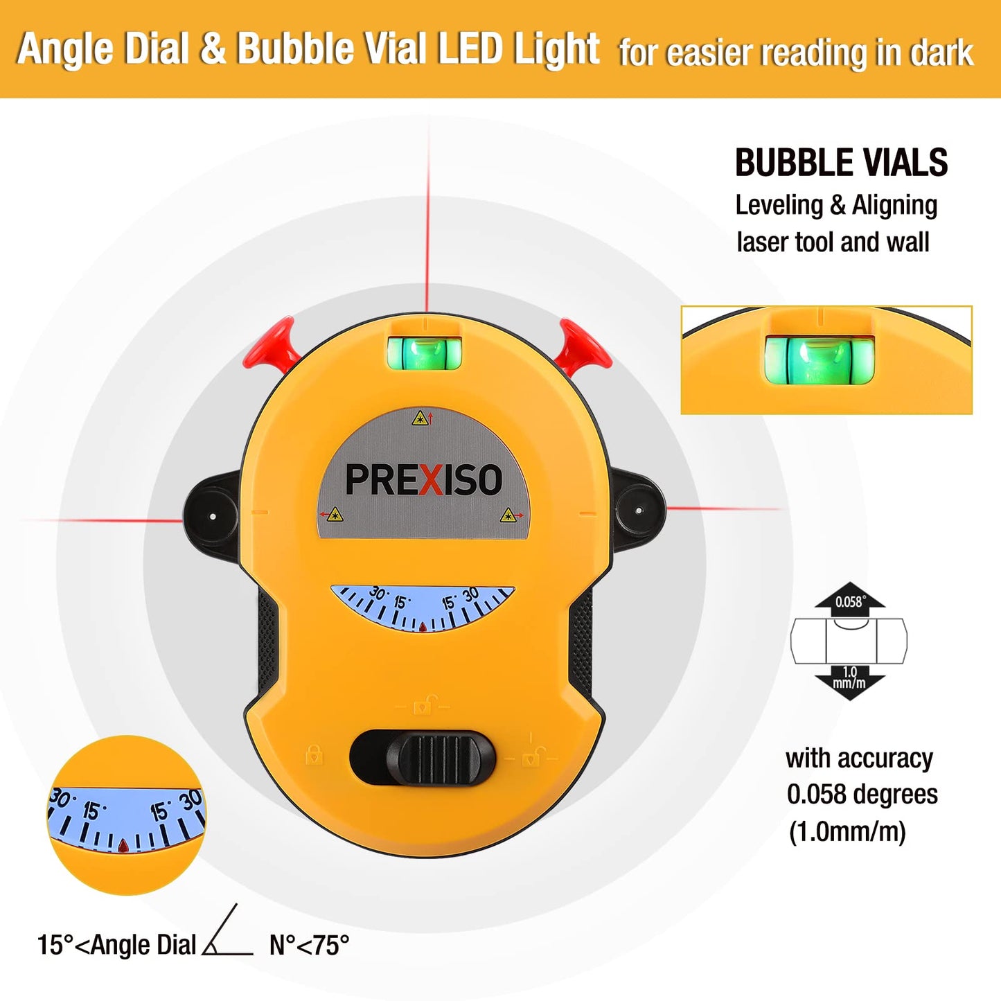 PREXISO Multi Surface Laser Level LED Light Vial, 30Ft Horizontal & Vertical Line Laser with Wall Mount Base, 2 Pins, 10 Sticker, 2 AA Batteries for Hanging Frames & Picture, Construction Wall Writing - Medaid International