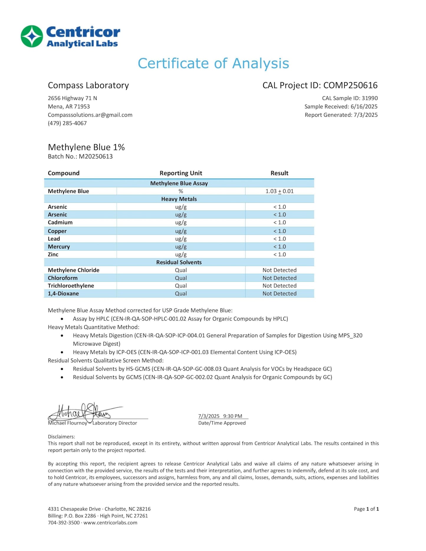 COMPASS LABORATORY Methylene Blue Pharmaceutical Grade, USP Grade, Third-Party Tested Dietary Supplement for Humans, No Formaldehyde, Made in USA (1% 50ml Bottle) - Medaid International