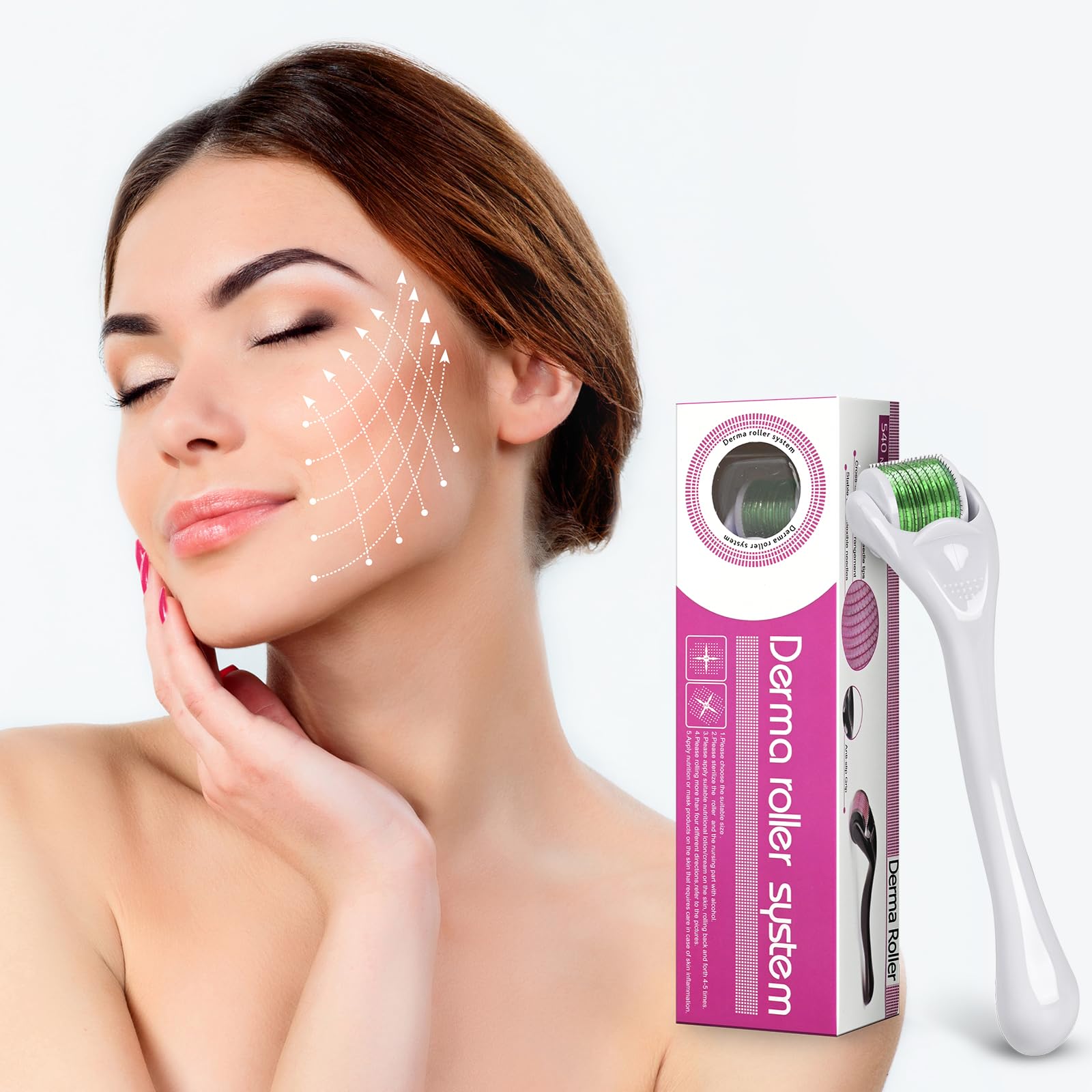 Derma Roller Beard Roller 540, Titanium Micro Needling Roller Microneedle Roller for Men Women Home Use 0.25mm (White handle+ Green Roller) - Medaid International