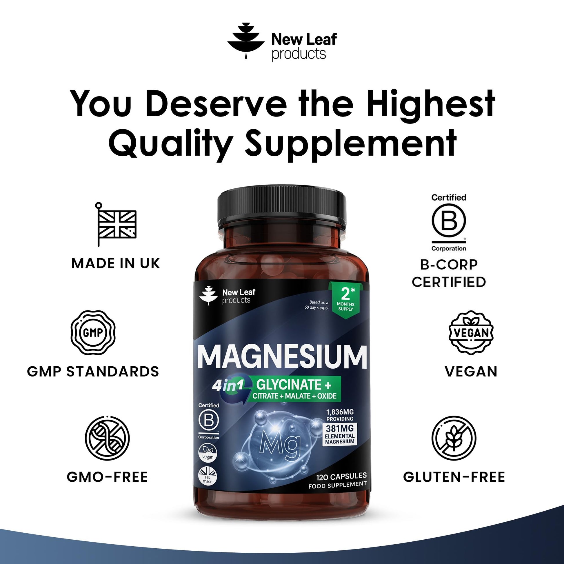 Magnesium Glycinate 4-in-1 Complex 2000mg - 449mg Elemental Magnesium High Strength Magnesium Supplements - Magnesium Bisglycinate,Citrate, Malate, Oxide - 120 Capsules - Vegan UK Made by New Leaf - Medaid International