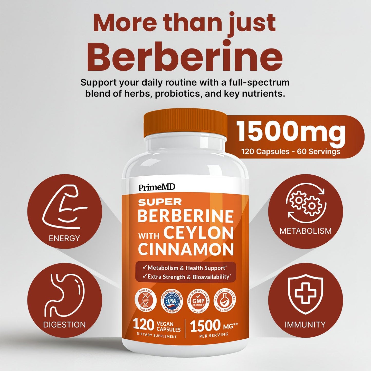 Super Berberine Supplement with Ceylon Cinnamon, BioPerine, Apple Cider, and Turmeric 1500mg - 8-in-1 Dihydroberberine Supplement for Overall Wellness and Balance Support, 120 ct - Medaid International