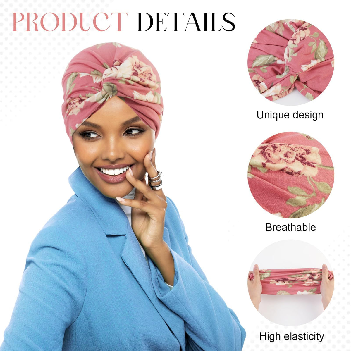 KASTWAVE 2-Pack Soft Elastic Turbans for Women, Adjustable Printed Pre-Tied Head Wraps, Comfortable Chemo Headwear for Hair Loss