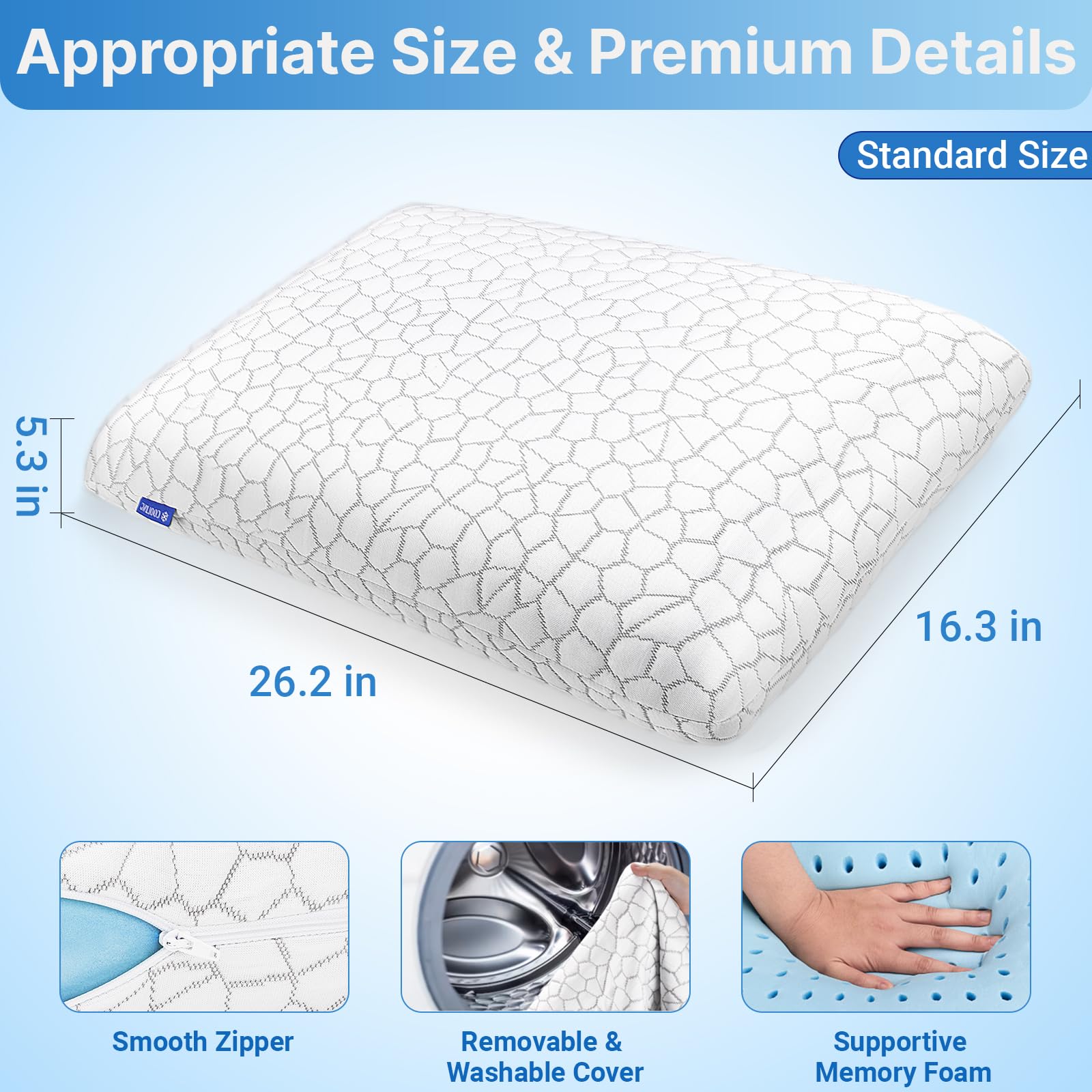 TranquilMoments Memory Foam Pillows, Bed Pillow for Side,Back and Stomach Sleepers,Neck Pillow for Sleeping with Removable and Machine Washable Cover, Standard Size (1 Pack) - Medaid International