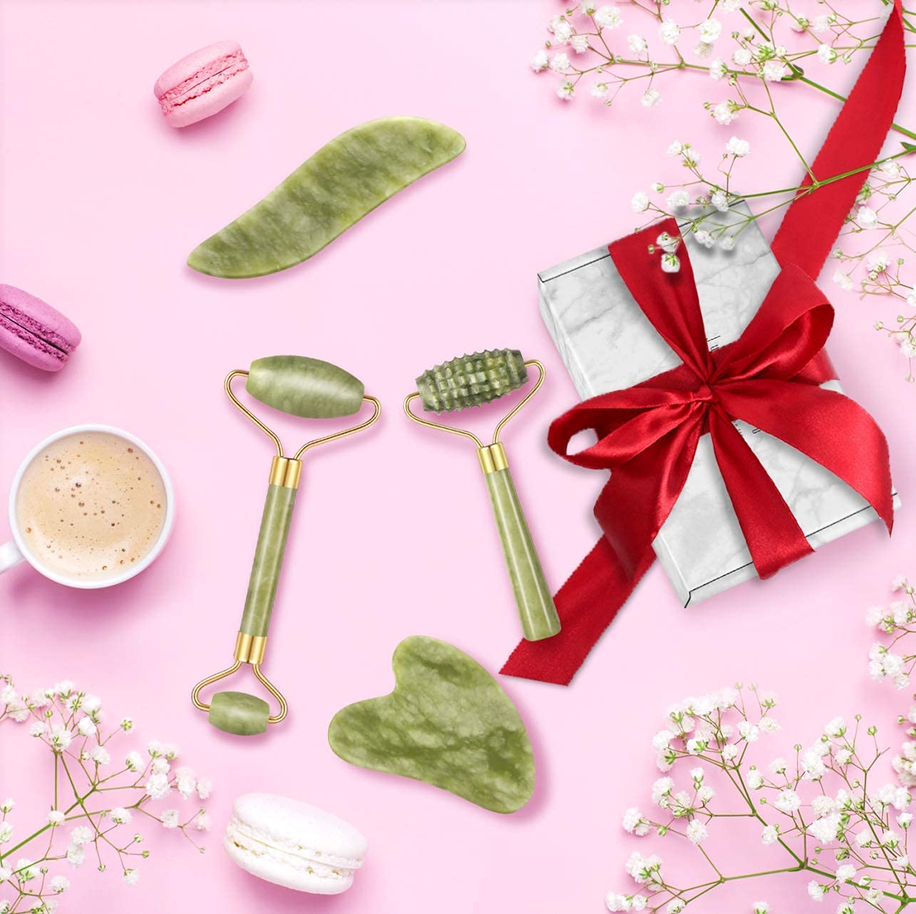4-pcs Jade Roller & Gua Sha Set, Facial Roller Massager with Gua Sha Scraping Tool, Jade Stone Massager for Anti-aging, Slimming & Firming, Rejuvenate Face and Neck, Remove Wrinkles & Eye Puffiness - Medaid International