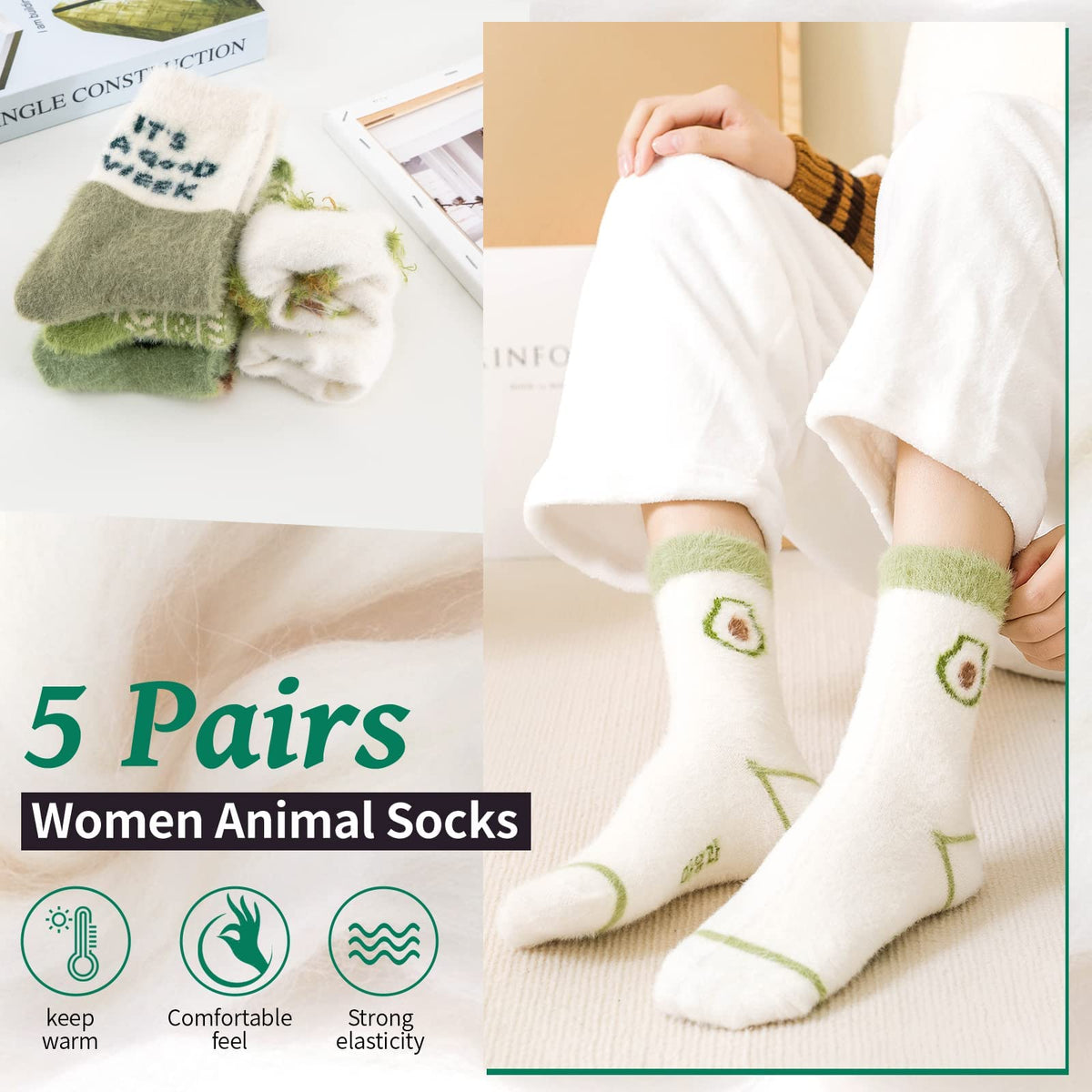 KASTWAVE Colorful Women's Wool Socks - 5 Pairs of Fun, Soft, and Warm Patterned Novelty Socks for Cozy Comfort