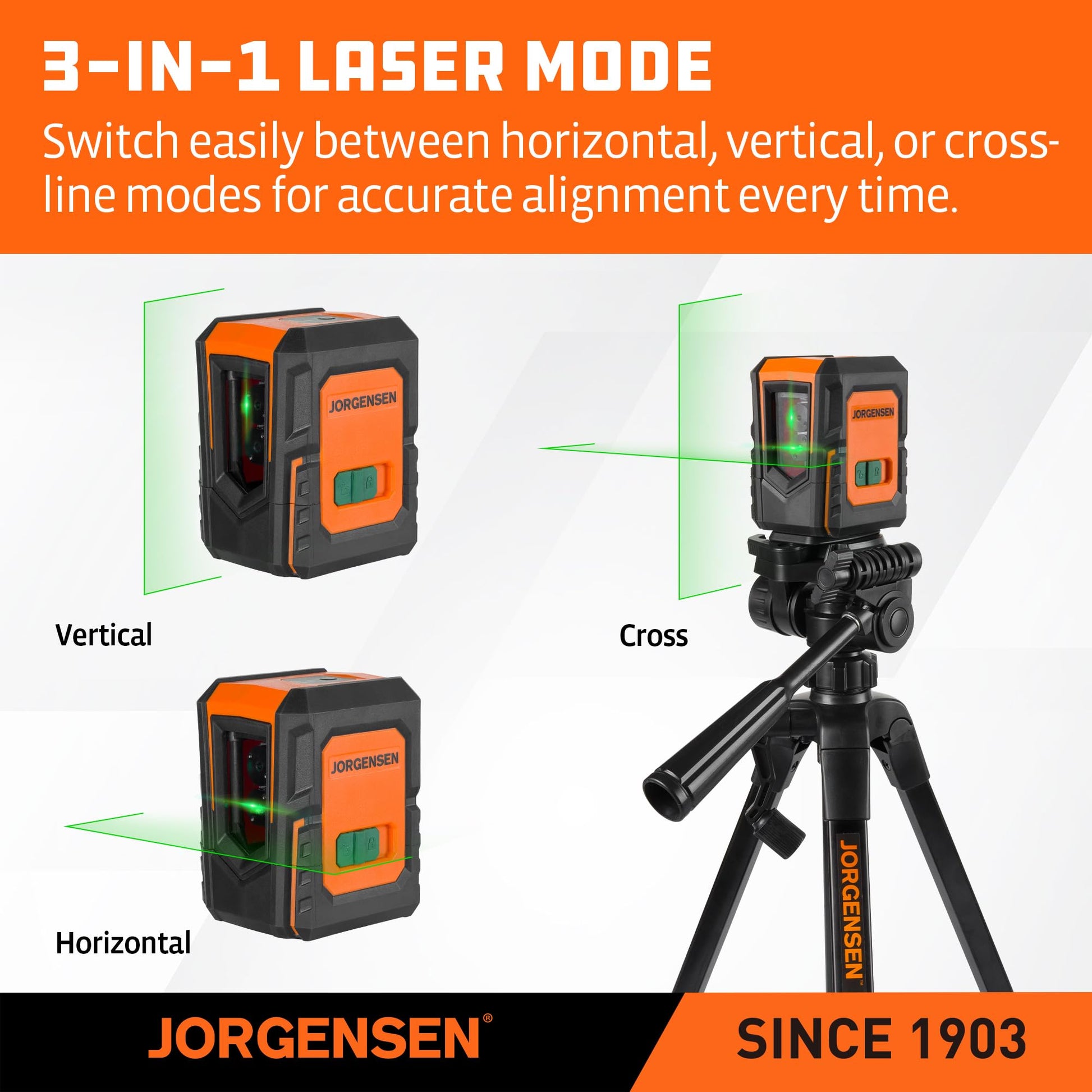 JORGENSEN Laser Level with Tripod, 100 FT Dual Modules Self Leveling Cross Line Laser Leveler Tool with 360° Magnetic Base, Green Laser Level for Picture Hanging, Tile, Home Renovation, Indoor Project - Medaid International