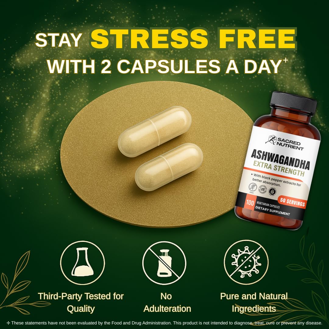 Sacred Nutrient Ashwagandha Organic Extra Strength Supplement with Black Pepper for Stress & Mood Support, Energy 300mg Extract (Equivalent 3000mg Herb), 100 Capsules - Medaid International