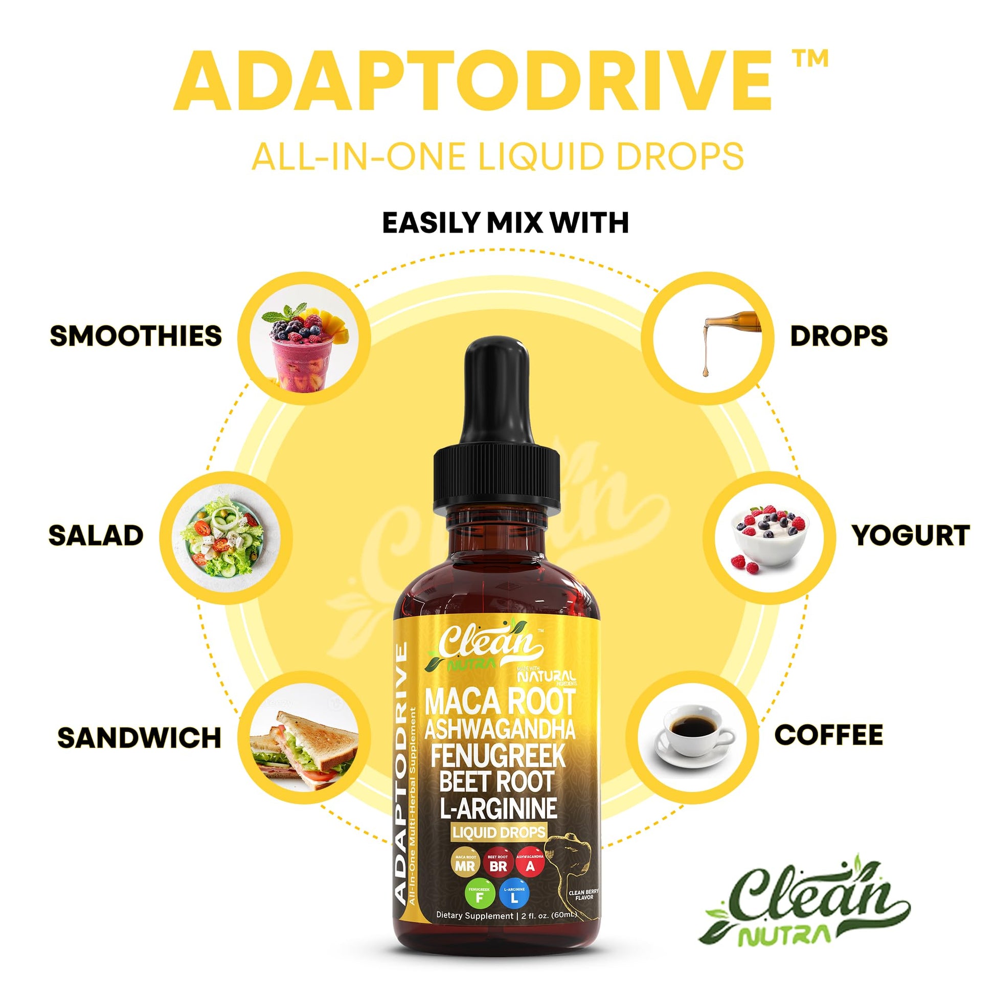 Clean Nutra Organic Maca Root Liquid Drops with Ashwagandha, Fenugreek, Beet Root and L-Arginine Liquid Multivitamin for Women and Men - Adapto Drive - Medaid International