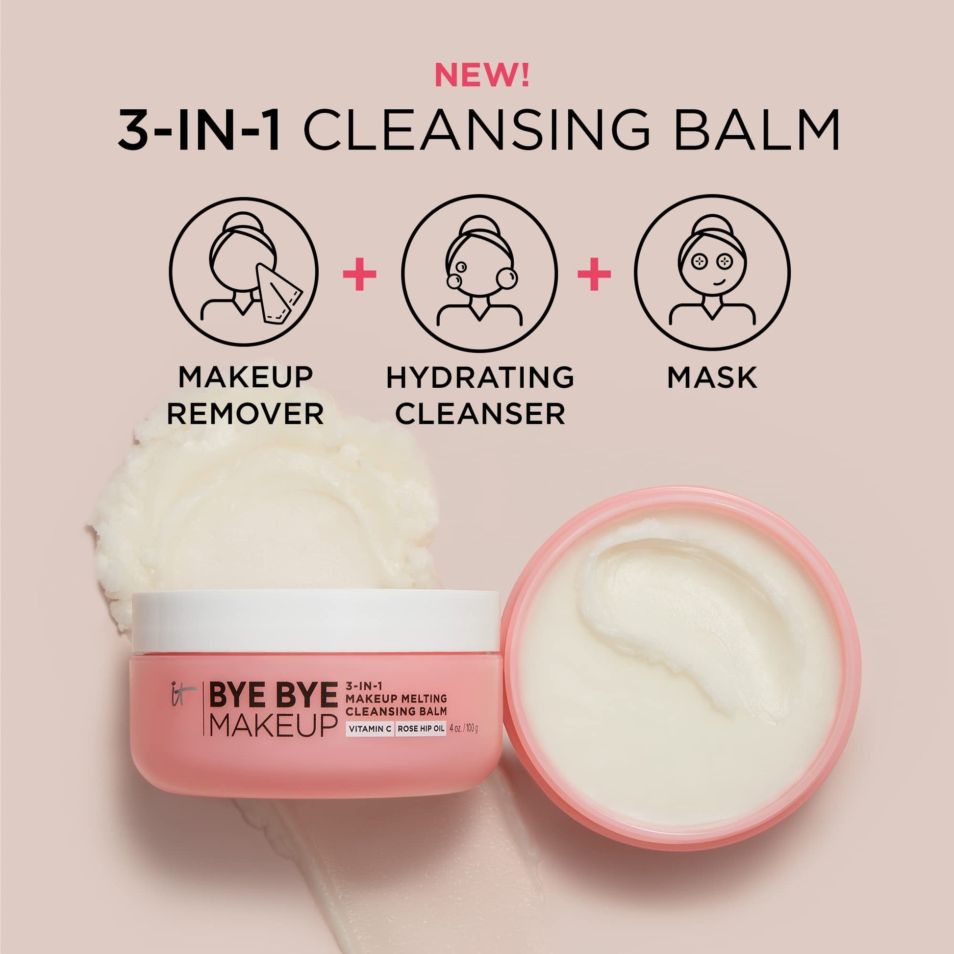 IT Cosmetics Bye Bye Makeup Cleansing Balm - 3-in-1 Makeup Remover, Facial Cleanser & Hydrating Facial Mask - With Vitamin C, Ceramides, Shea Butter & Rosehip Oil - 4 oz - Medaid International