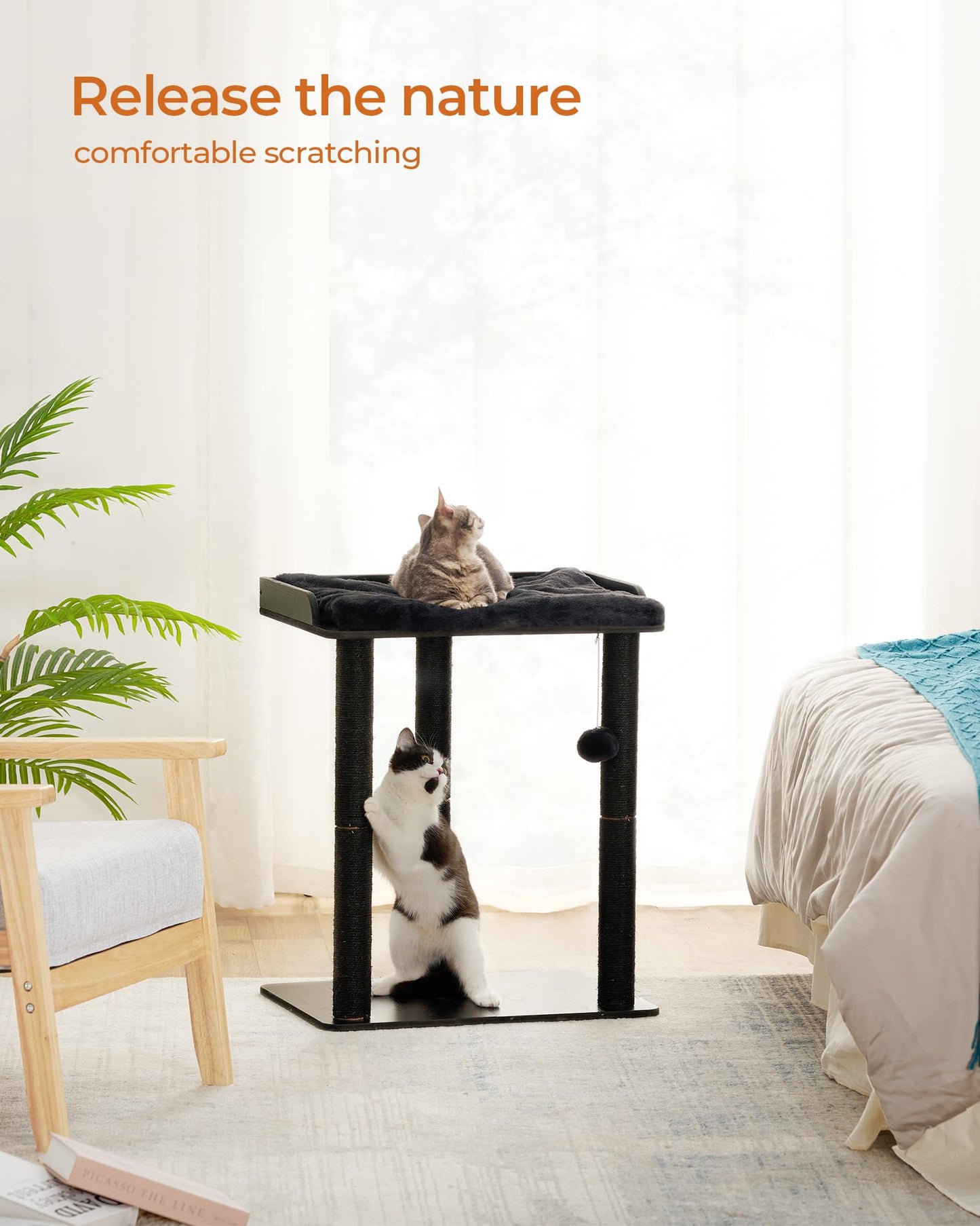 FourFurPets 26.7in Cat Tree Tower Condo, Cat Scratch Posts for Indoor Cats, Big Plate, Three 23.6in Full Sisal Scratching Posts, Black - Medaid International