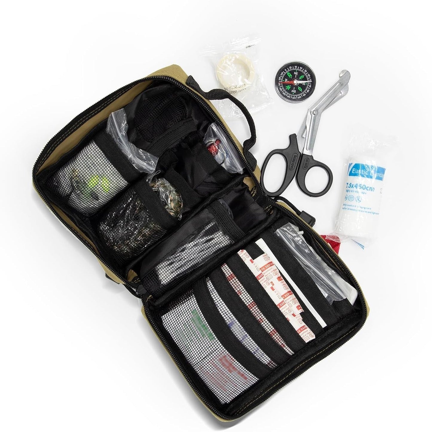Kitgo Camping Survival Kit First Aid 101 Piece MOLLE Pouches Tactical Backpack Emergency Survival Gear Tool for Hunting Hiking Outdoor Adventure Fishing Travel Military Tropical Storms(Khaki)