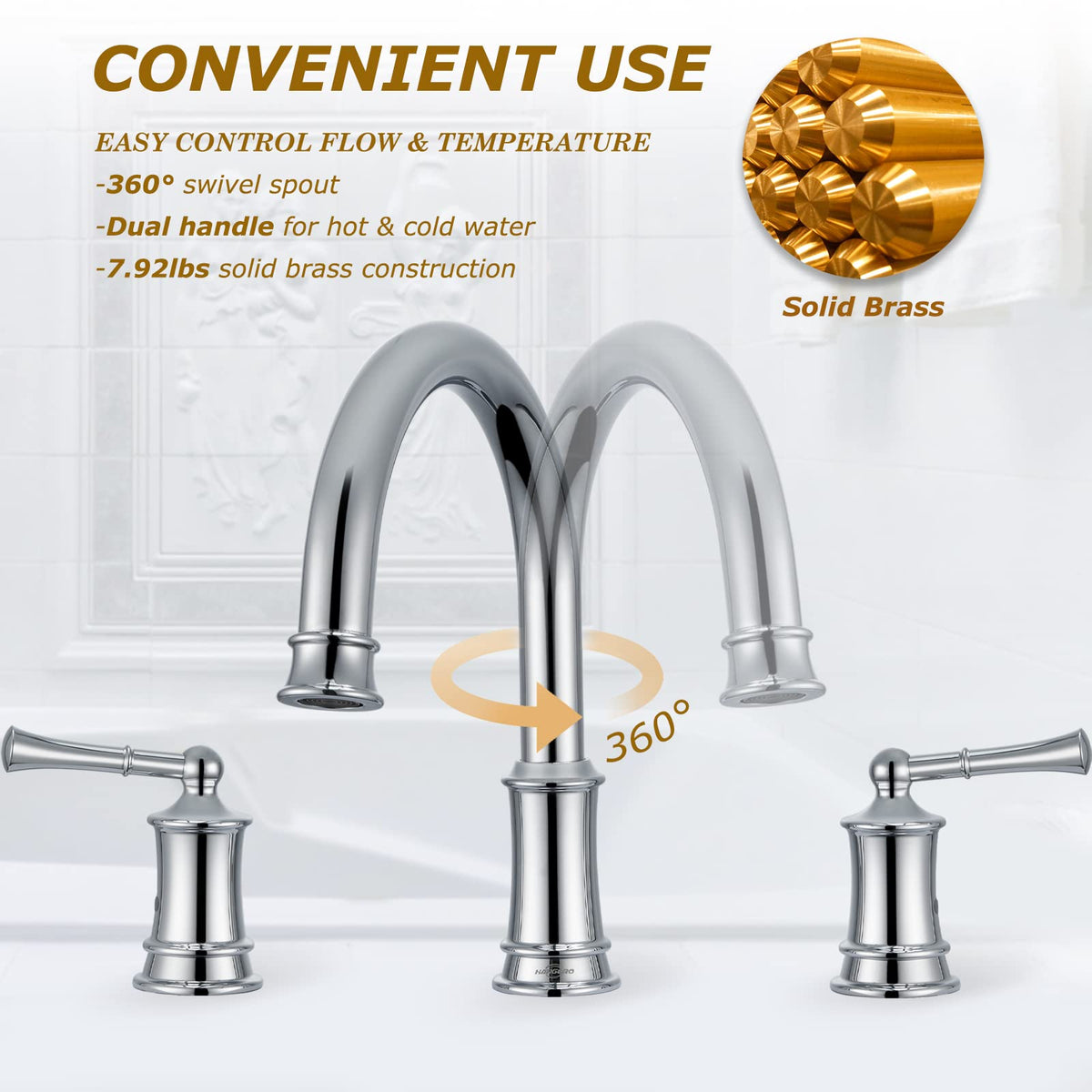 Bathtub Faucet, Deck Mount Antique Tub Faucet 2 Lever Handles, Widespread 3 Holes Brass Rough-in Tub Faucet, 360° Swivel Spout, High Flow Faucet for Bathroom, Chrome(B2307-CP)