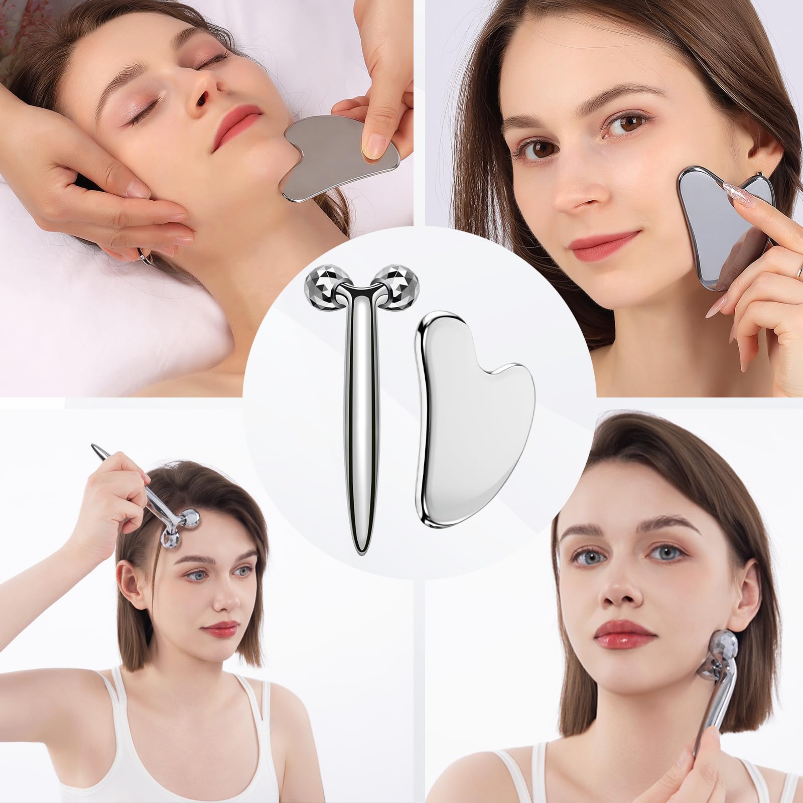 InfiniteRelax 3D Gua Sha Facial Tools Metal Face Roller Stainless Steel Gua Sha Set Cooling Massage Tools for Reduce Puffiness, Firm Skin, Anti-Aging Care - Daily Facial Sculpting Gift for Women - Medaid International