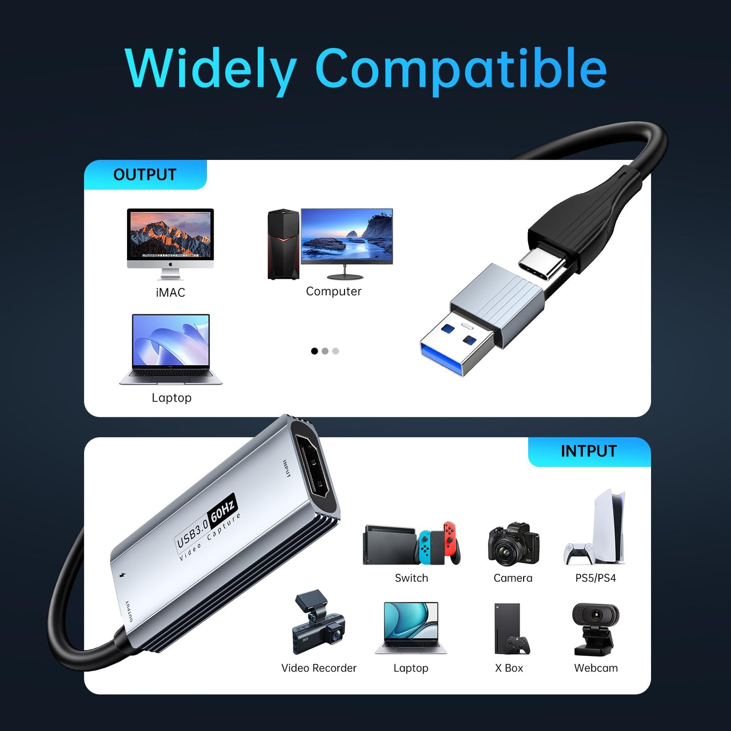 XIIXMASK USB 3.0 Video Capture Card with 100W PD - HDMI to USB/USB-C Capture Card 1440P 30fps & 1080P 60fps Video Capture Device for Streaming, Game Recording, Compatible for Quest 3, Switch, PS4/PS5 - Medaid International