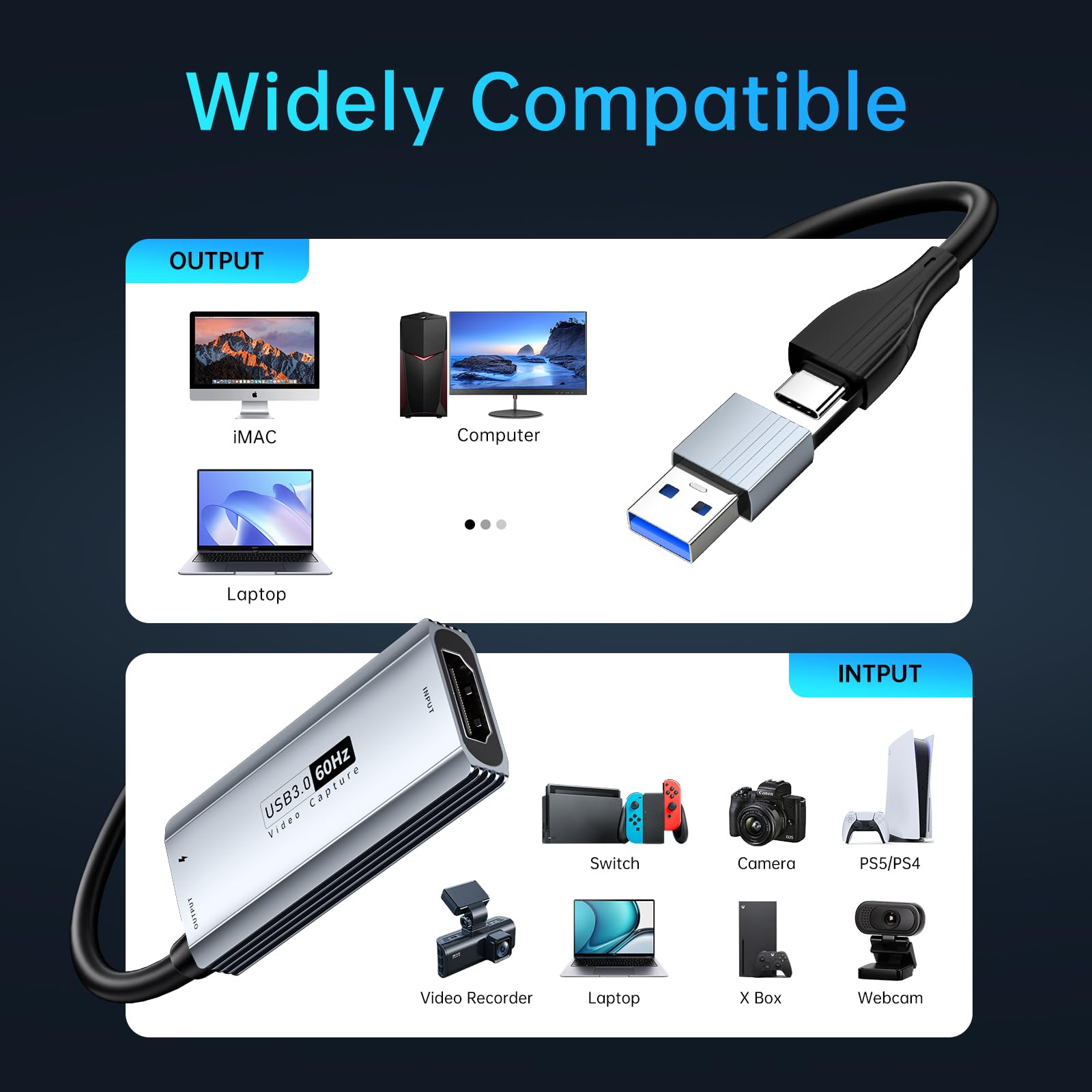 XIIXMASK USB 3.0 Video Capture Card with 100W PD - HDMI to USB/USB-C Capture Card 1440P 30fps & 1080P 60fps Video Capture Device for Streaming, Game Recording, Compatible for Quest 3, Switch, PS4/PS5 - Medaid International