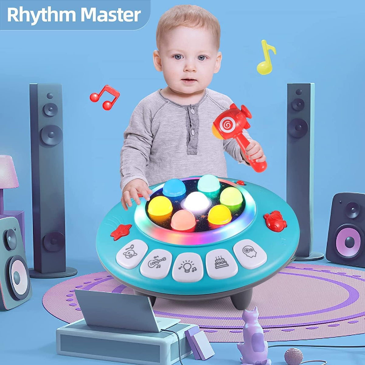 Baby Musical Toys,Baby Toys,8-in-1 Musial Pounding Toy, Light-Up UFO Toy, Spaceship Hammer Educational Game for Toddler, Fun Birthday Gifts for Kids