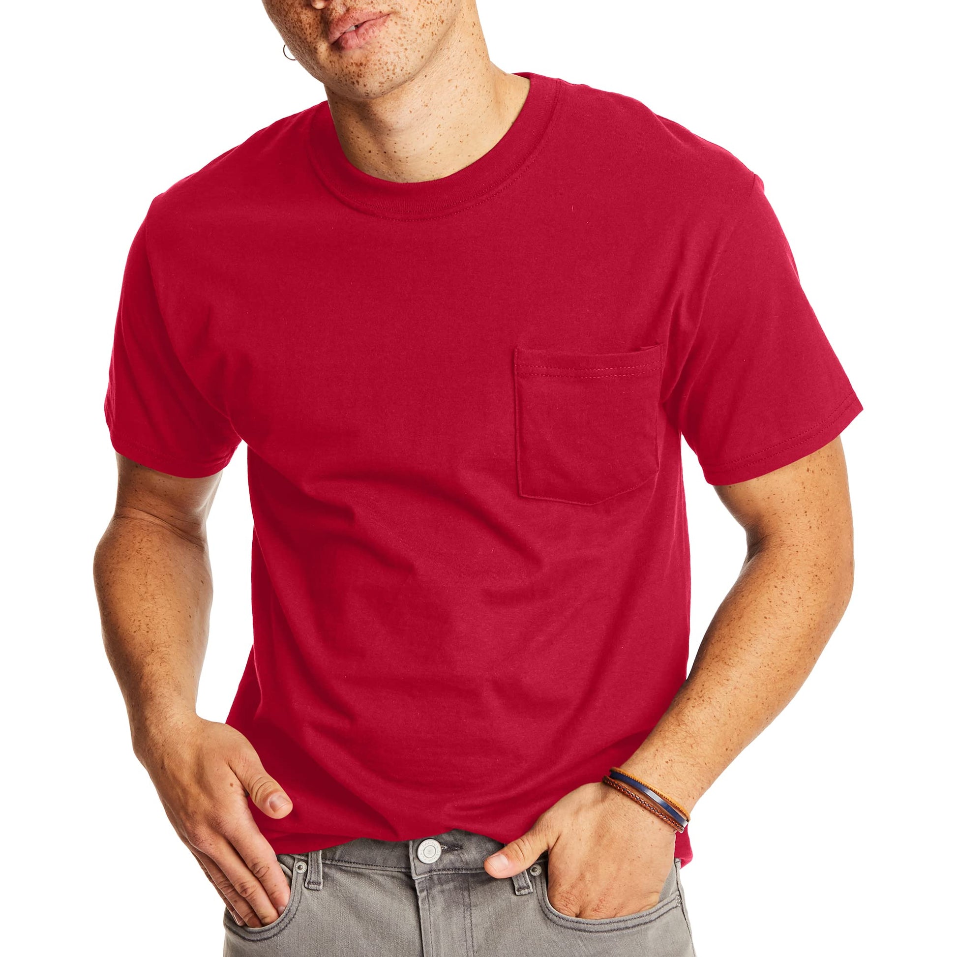 Hanes Men's Short Sleeve Beefy-T with Pocket, Deep Red, X-Large - Medaid International