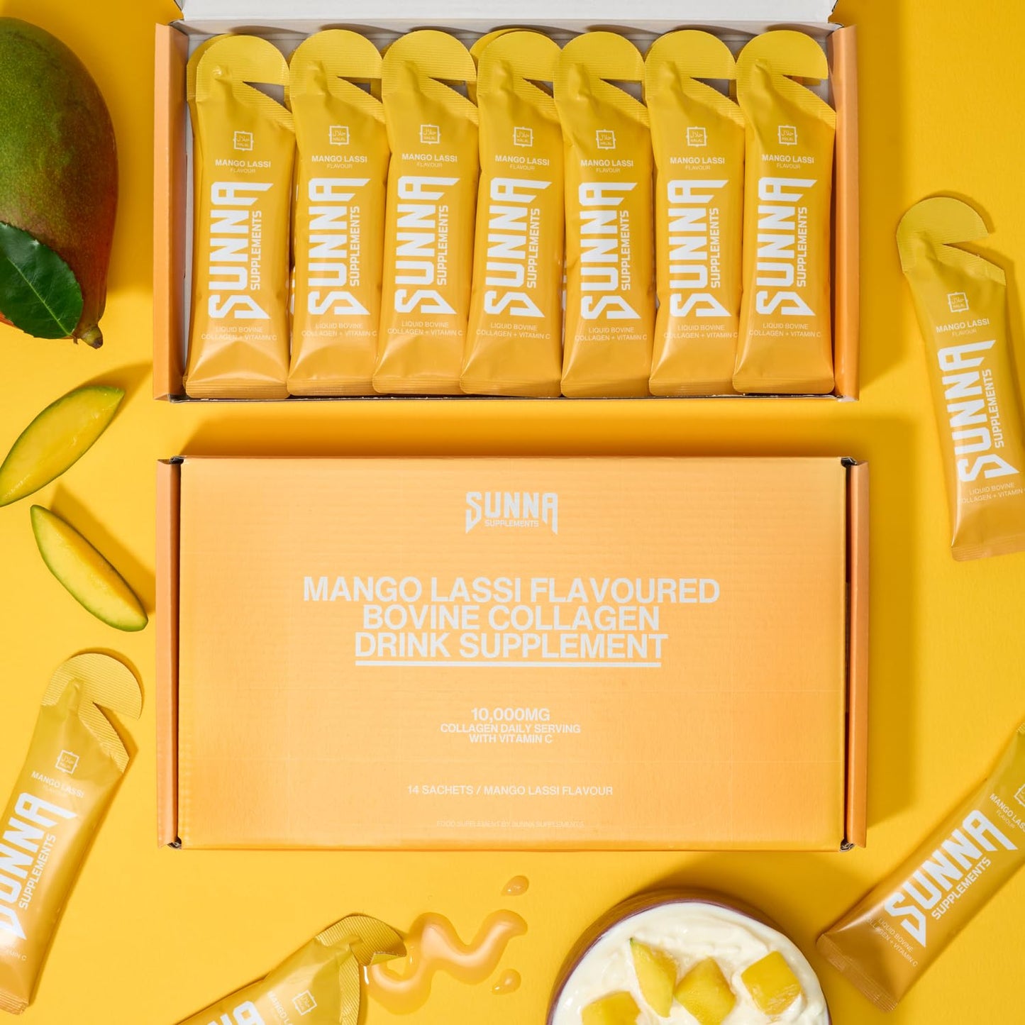 SUNNA SUPPLEMENTS - Halal Mango Lassi Collagen Drink with Vitamin C - 10000mg Bovine Liquid Collagen Peptides Women and Men - Hydrolysed Collagen Liquid Suitable for Everyone - 14 Sachets (35ml Each) - Medaid International