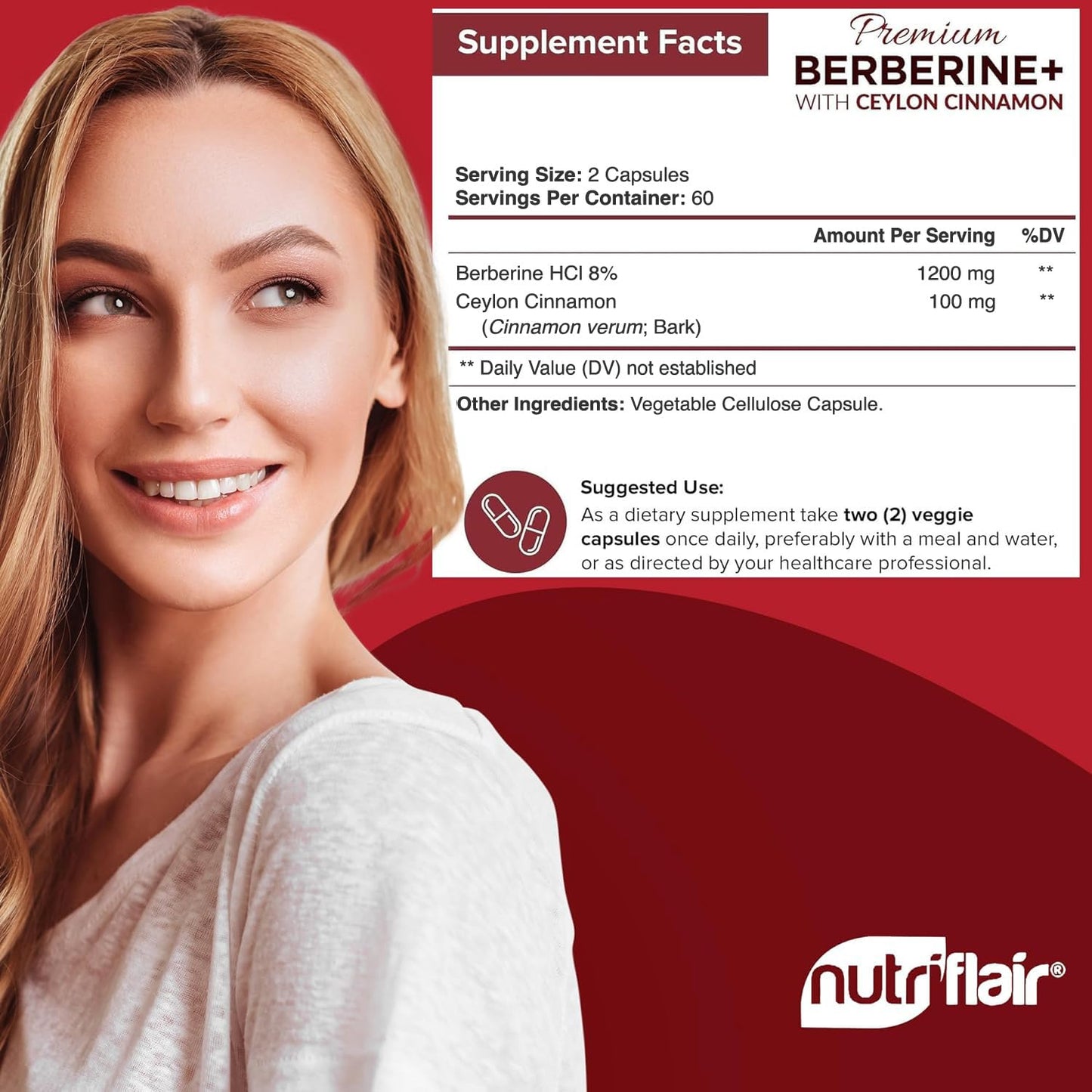 NutriFlair Premium Berberine HCL 1200mg, 120 Capsules - Plus Pure True Ceylon Cinnamon, Berberine HCI Root Supplements Pills - Immune System - yields an Optimal 8% HCl - Medaid International