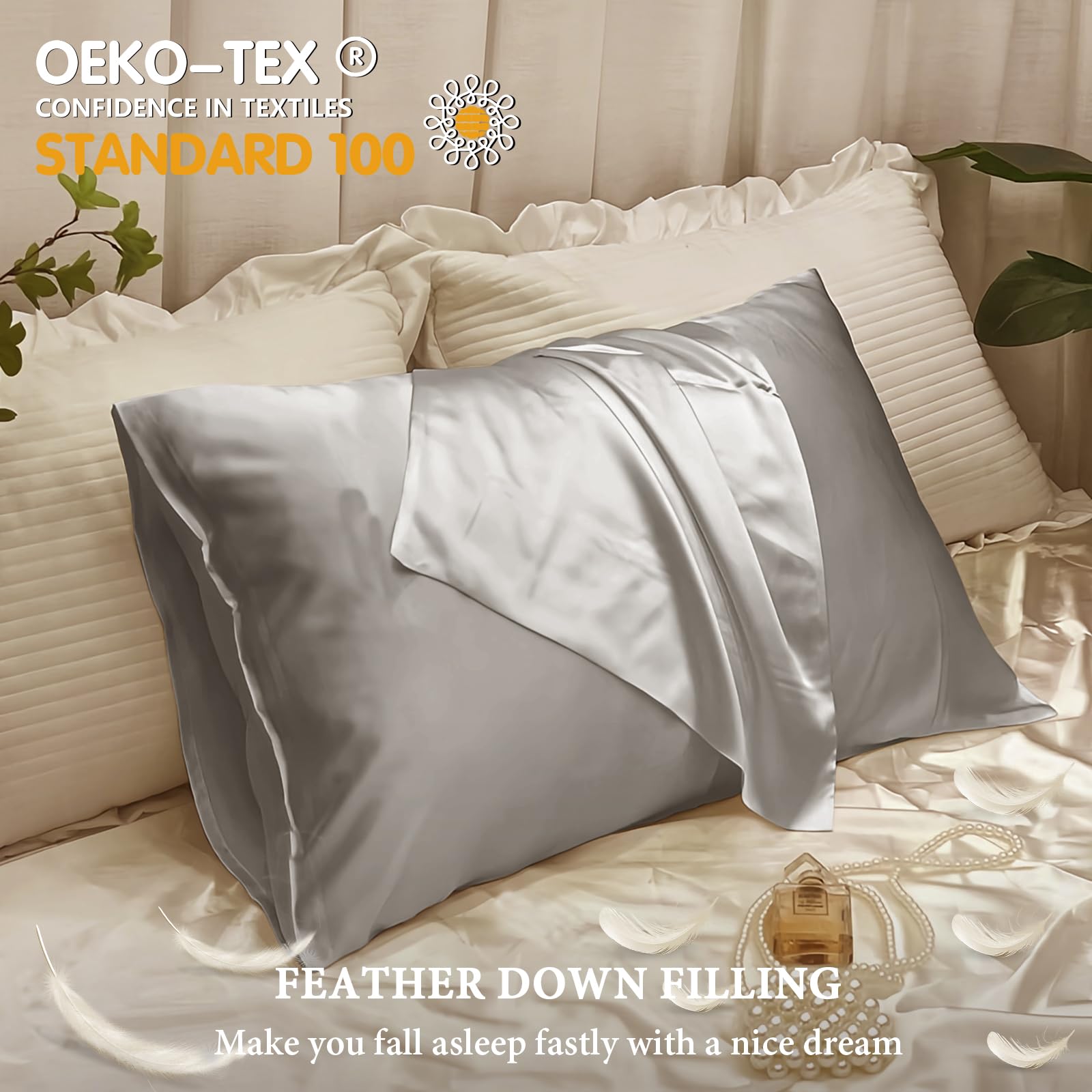 BHZ Satin Goose Down Feather Pillows King Size with Satin Pillowcase for Hair and Skin, Cooling Pillow Cases Similar to Silk Pillow Cases, Christmas Decorative Gifts for Women, Mom Men, Grey - Medaid International