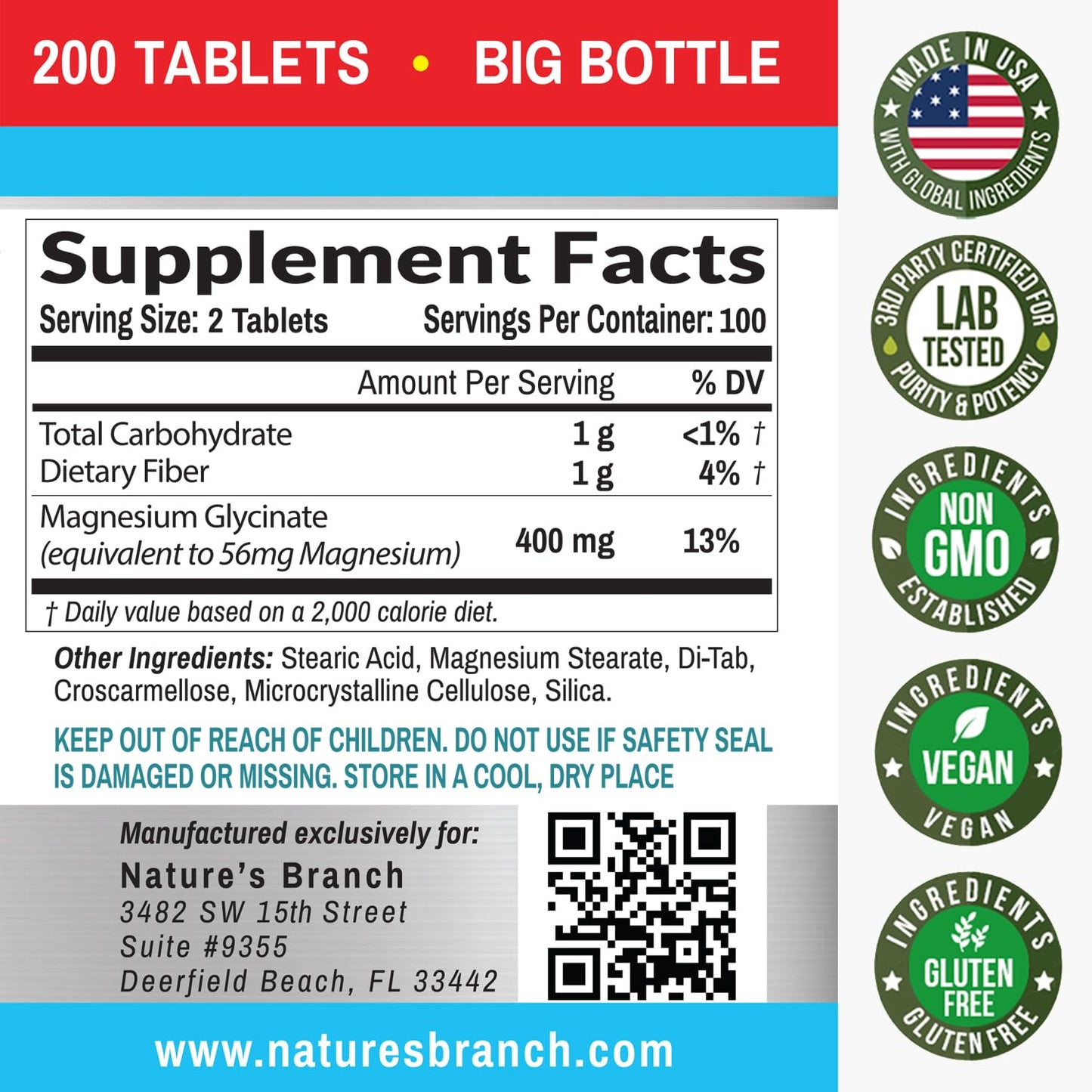 Magnesium Glycinate 400 mg - 200 Tablets - High Absorption, Non Buffered Bisglycinate Mag Supplement for Sleep, Leg Cramps, Heart, Ease Muscles, Calm Headaches for Women and Men, Non Powder Capsules - Medaid International
