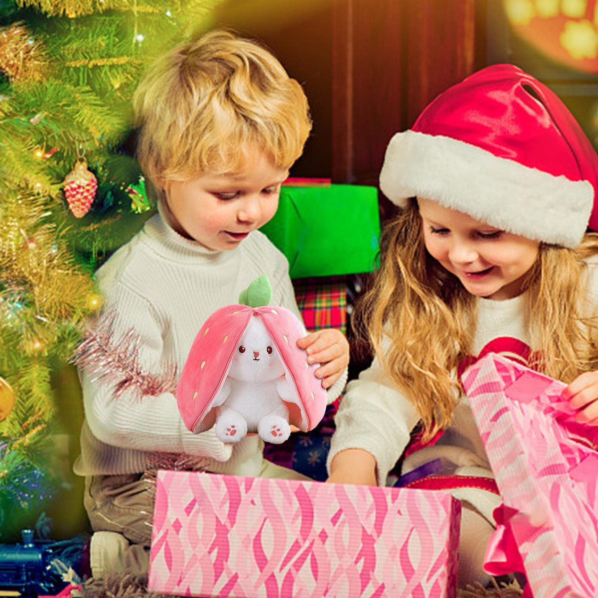 KASTWAVE Strawberry Bunny Plush Toys, Rabbit Muppet Toys, Strawberry Bunny Transformed into Little Rabbit Fruit Doll Plush Toy Carrot Rabbit Plush Doll Girl for Kids (Strawberry Rabbit, 18cm)