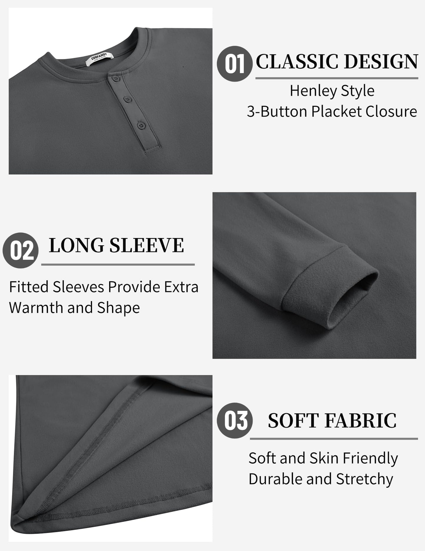 COOFANDY Men's Casual Henley Shirts Long Sleeve Fashion Basic Pullover Shirt Lightweight Button T-Shirts Fall Tops Dark Grey - Medaid International